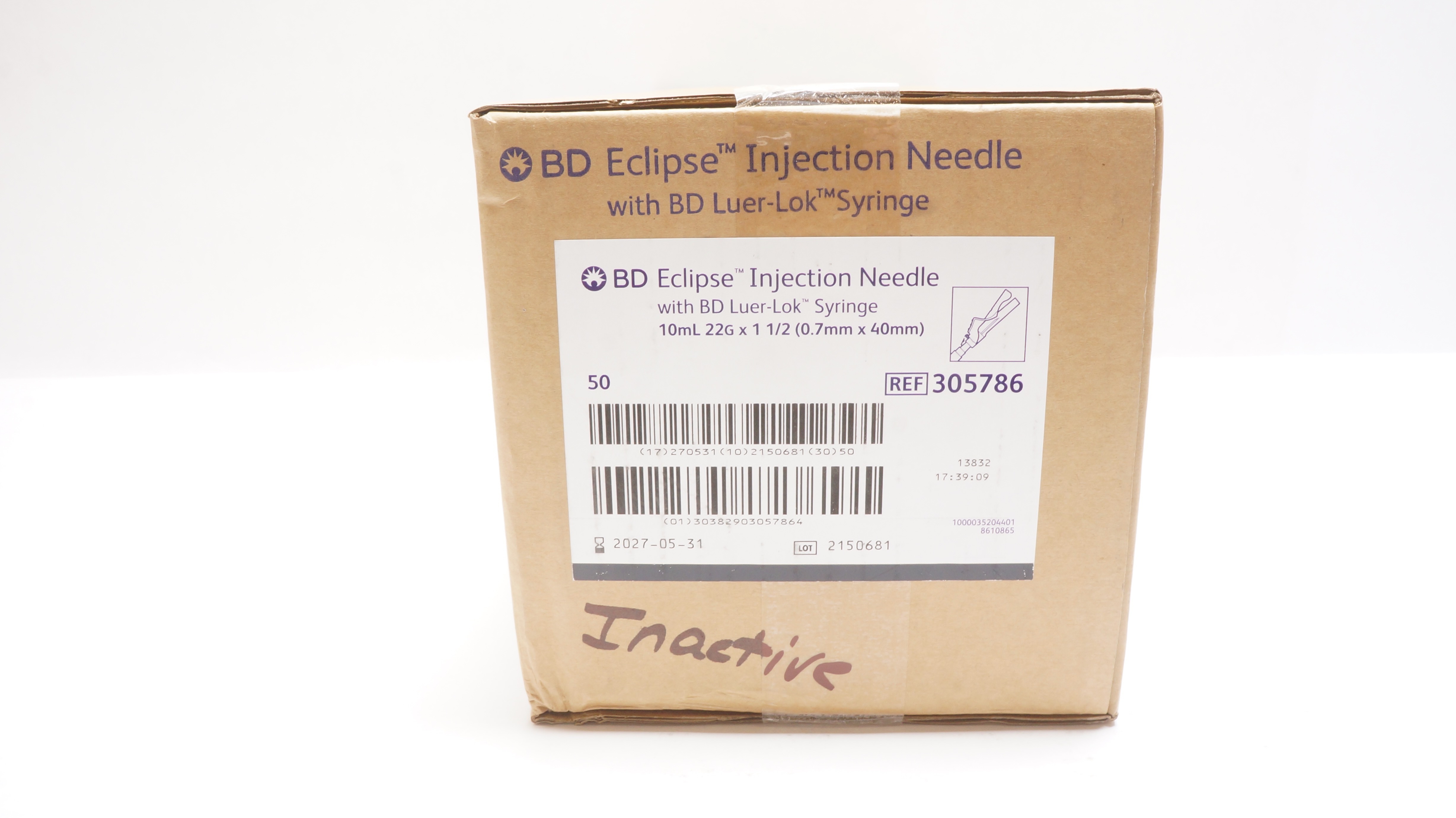 BD 305786 Eclipse Injection Ndle. w/Luer-Lock Syringe 10mL x 22G - Box of 50