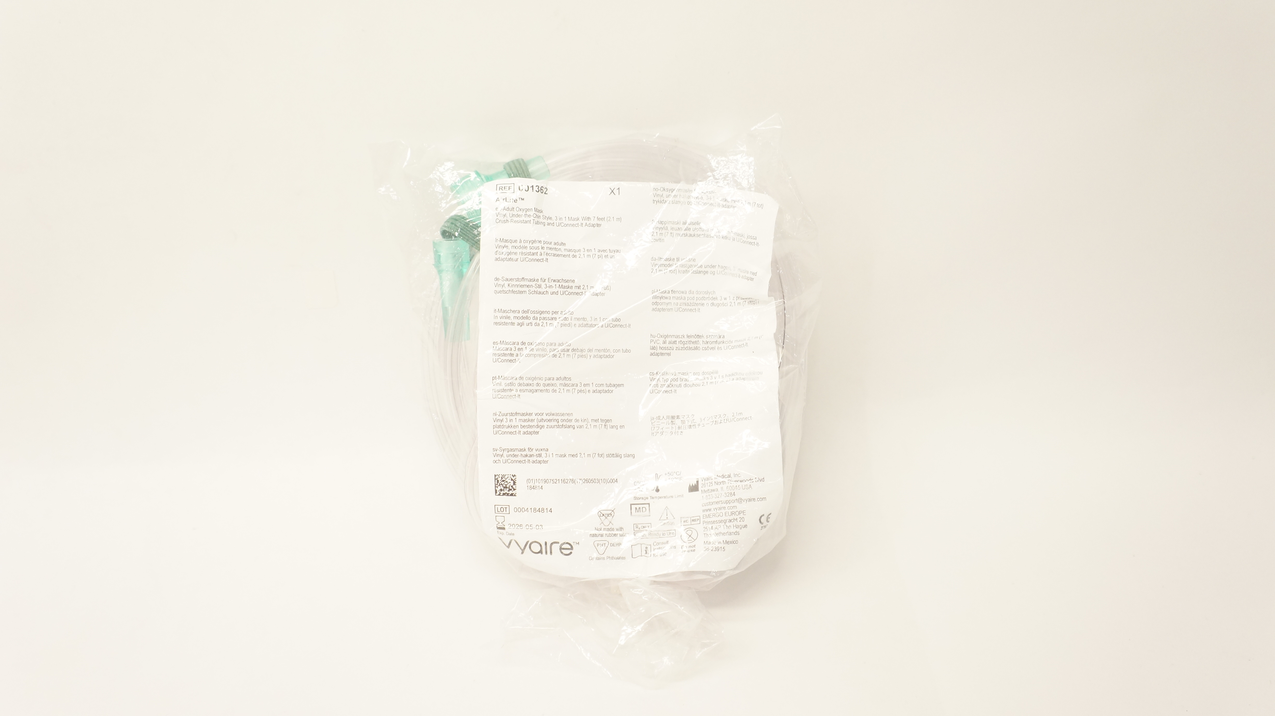 Vyaire 001362 AirLife Adult Oxygen Mask Vinyl