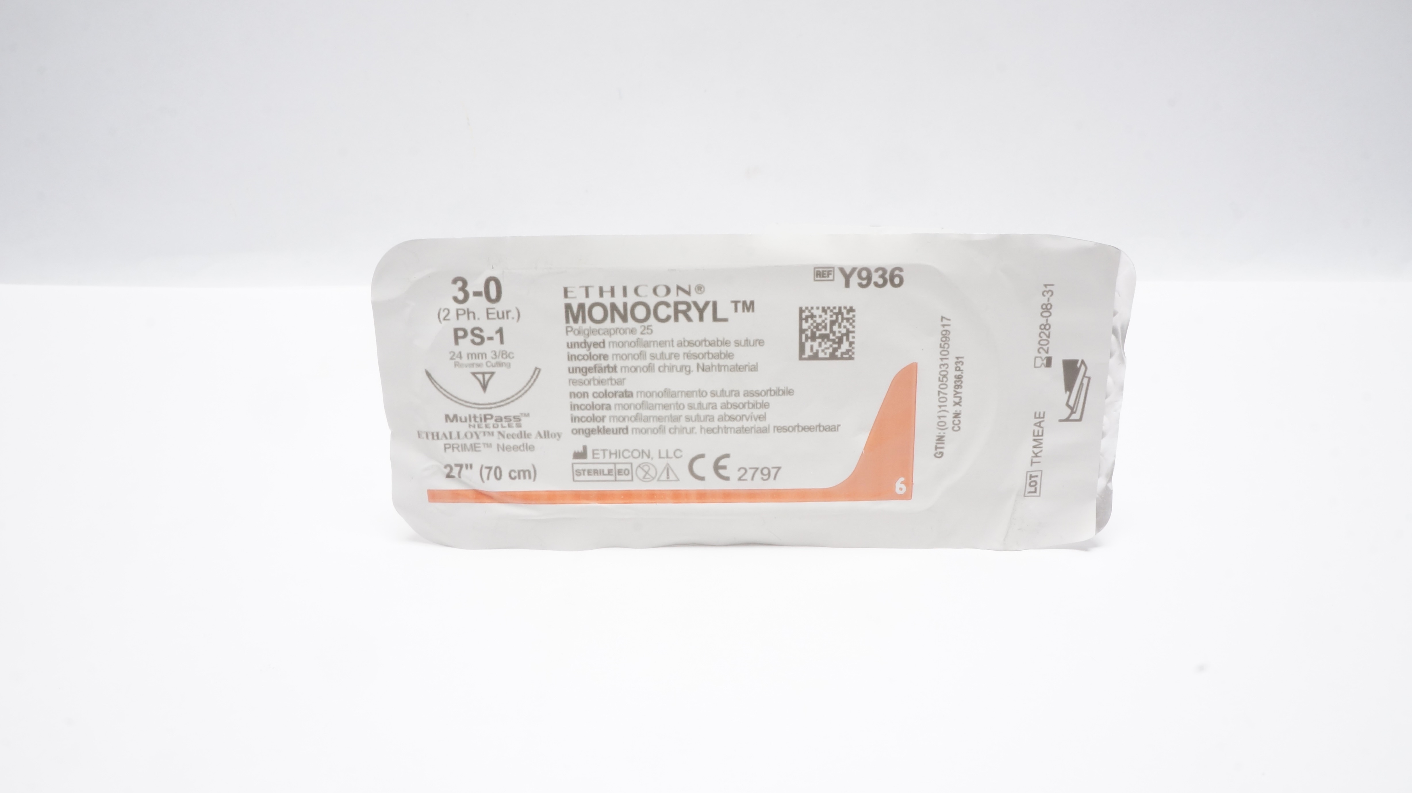 Ethicon Y936 3-0 MONOCRYL PS-1 24mm 3/8c Reverse Cutting 27inch