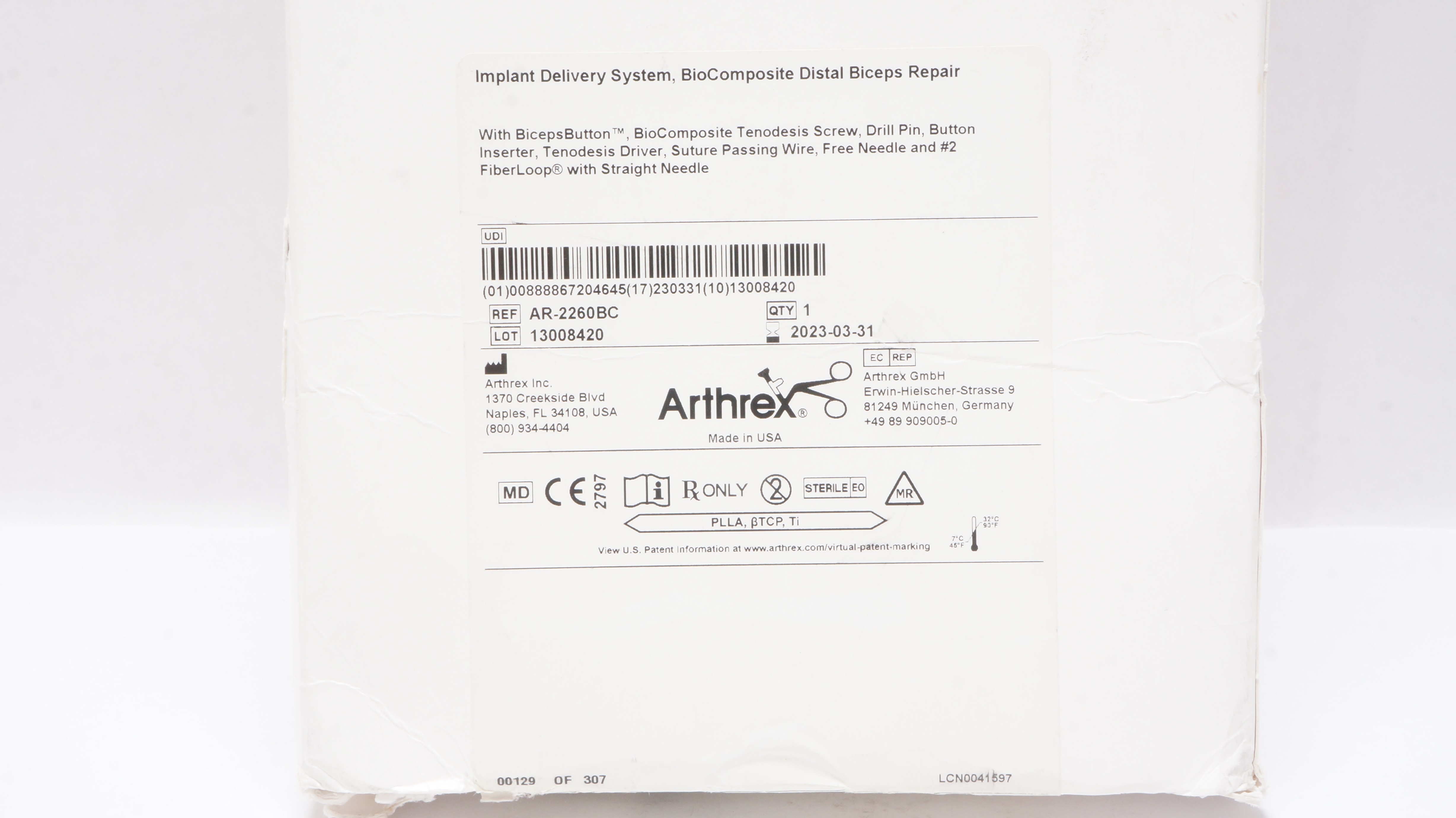 Arthrex AR-2260BC Implant Delivery System BioComposite Distal Biceps Repair (x)
