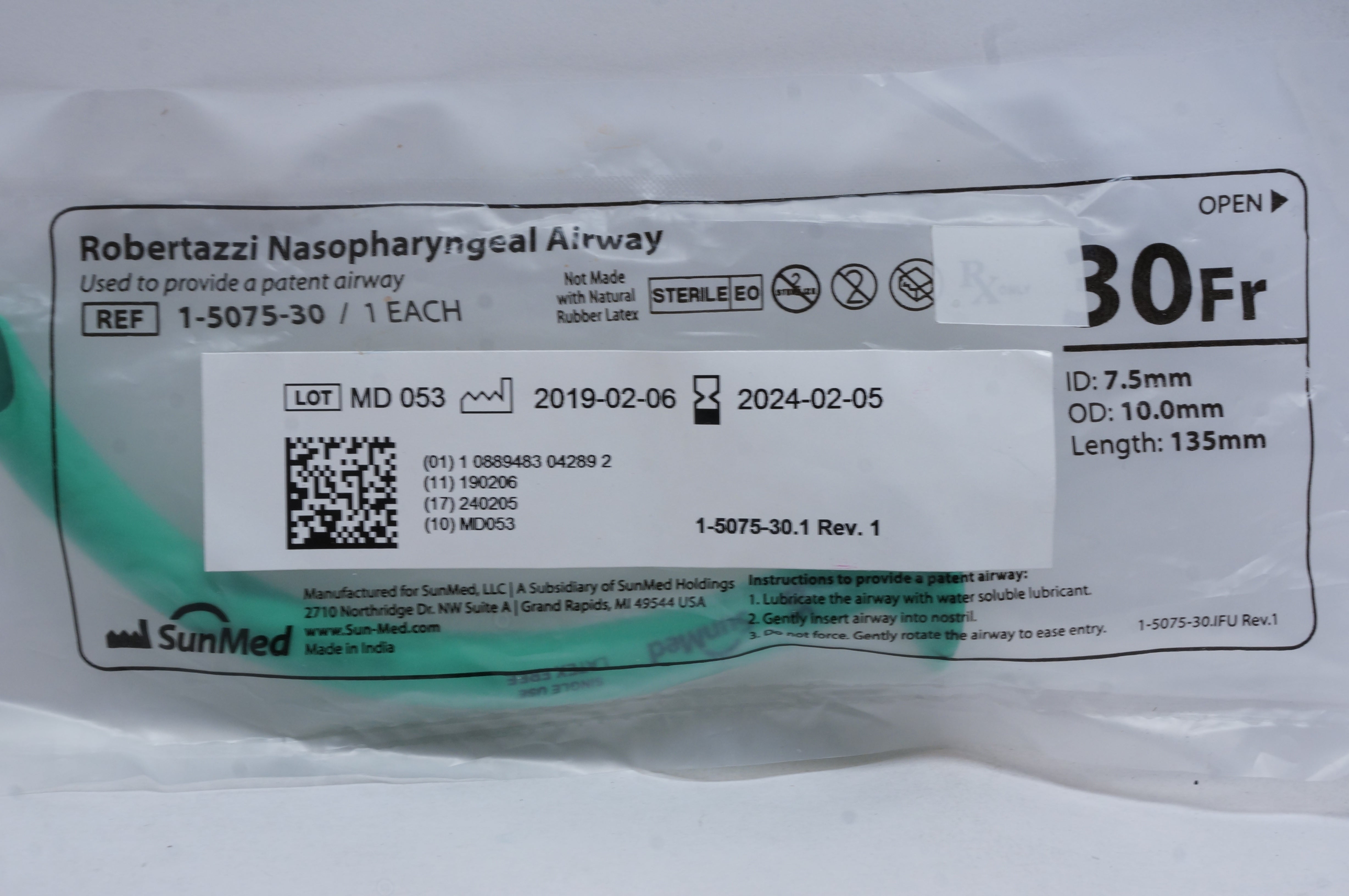 SunMed 1-5075-30 Robertazzi Nasopharyngeal Airway 30Fr 7.5ID x 10.0 OD x 135mm