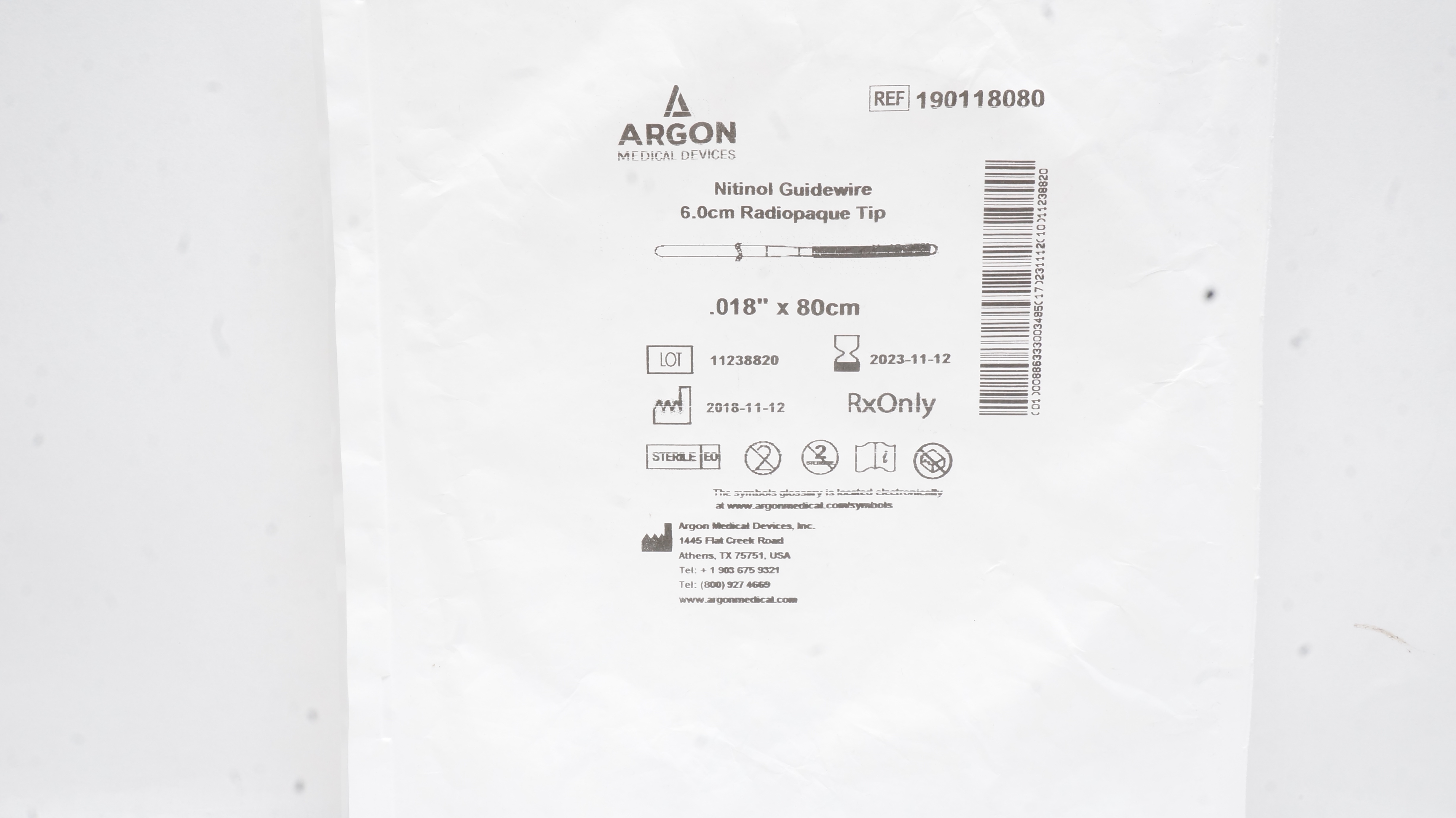 Argon 190118080 Nitinol Guidewire 6.0cm Radiopaque Tip .018inch x 80cm (x)