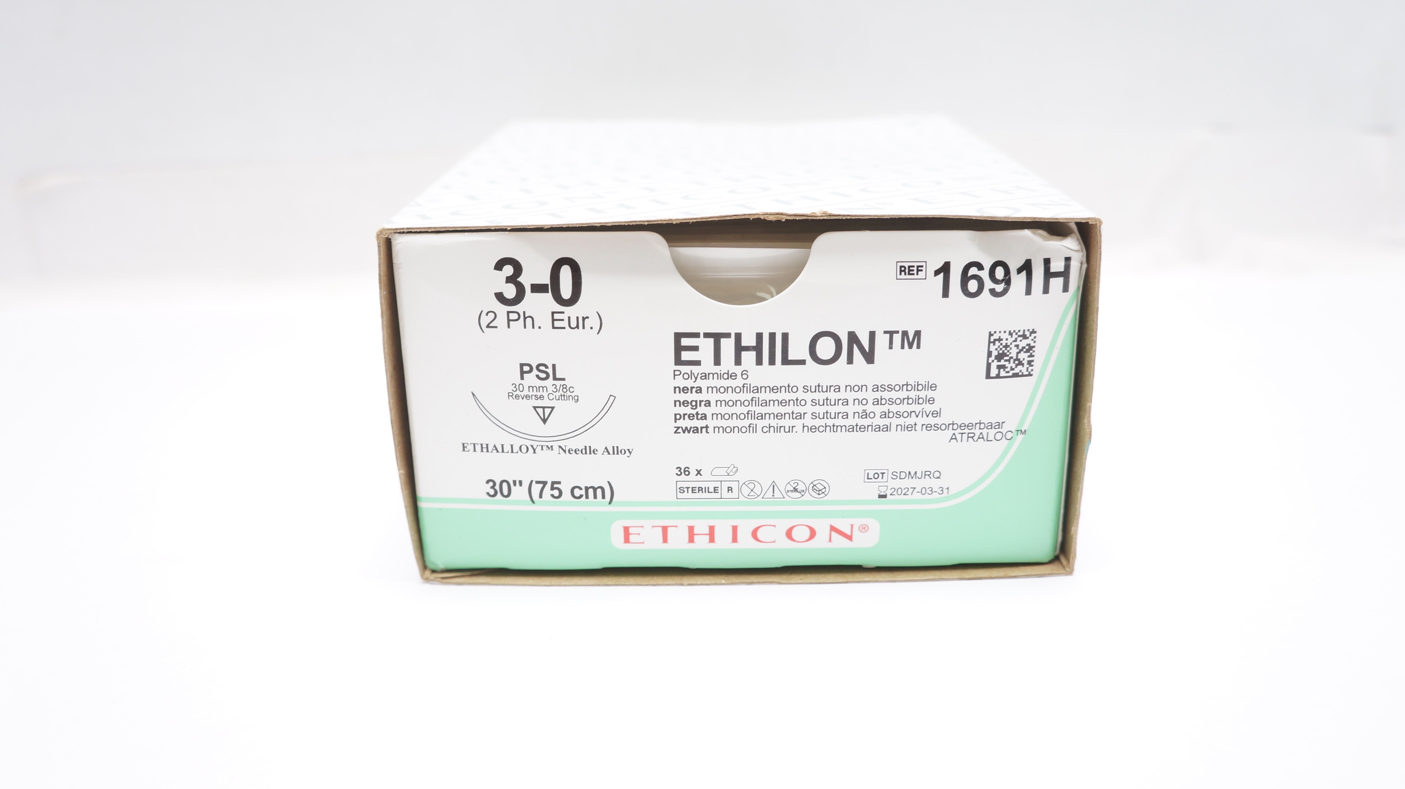 Ethicon 1691H 3-0 Ethilon Stre. PSL 30mm 3/8c Reverse Cutting,30In - Box of 26