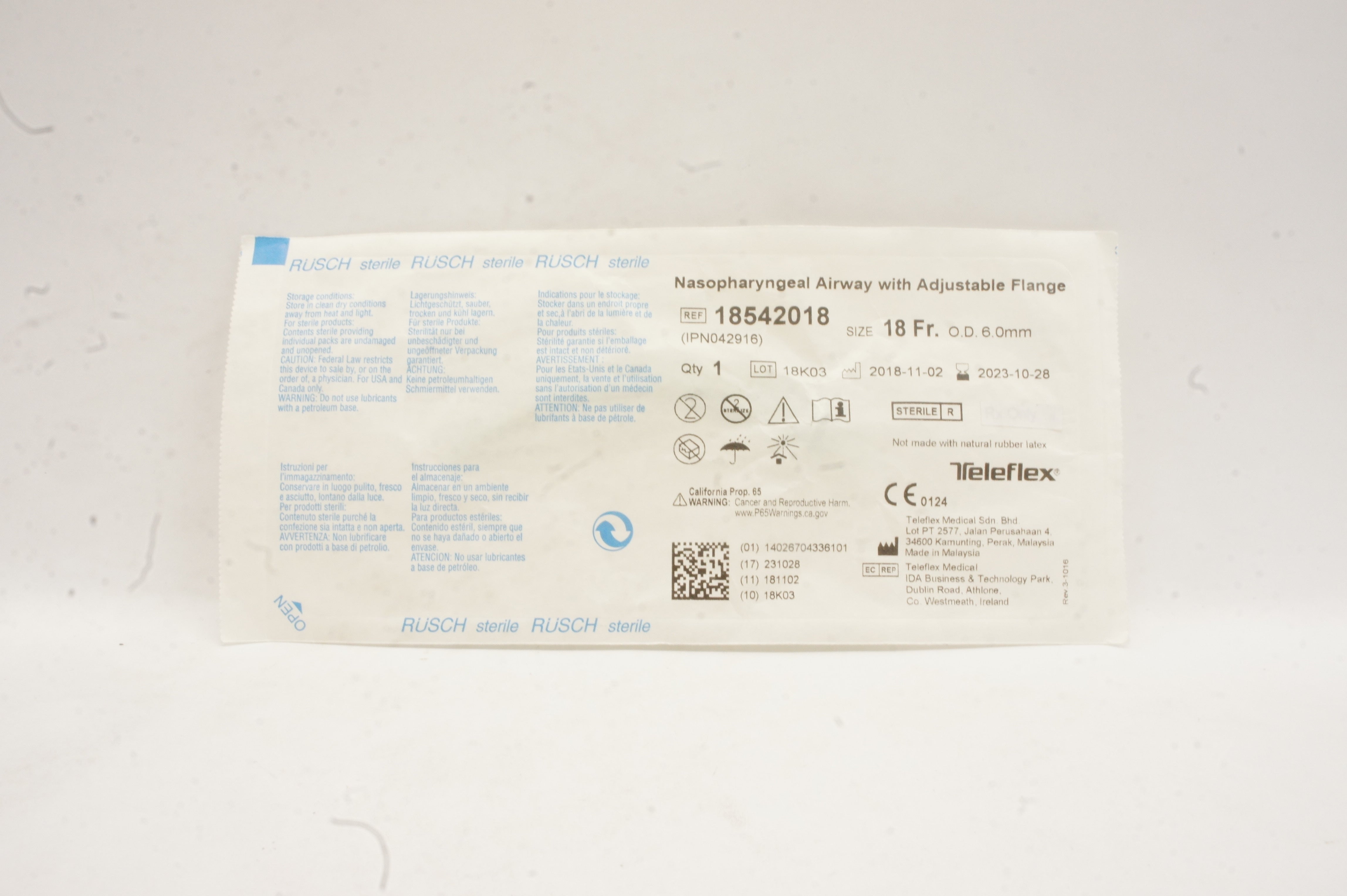 Teleflex 18542018 Nasopharyngeal Airway with Adjustable Flange 18Fr