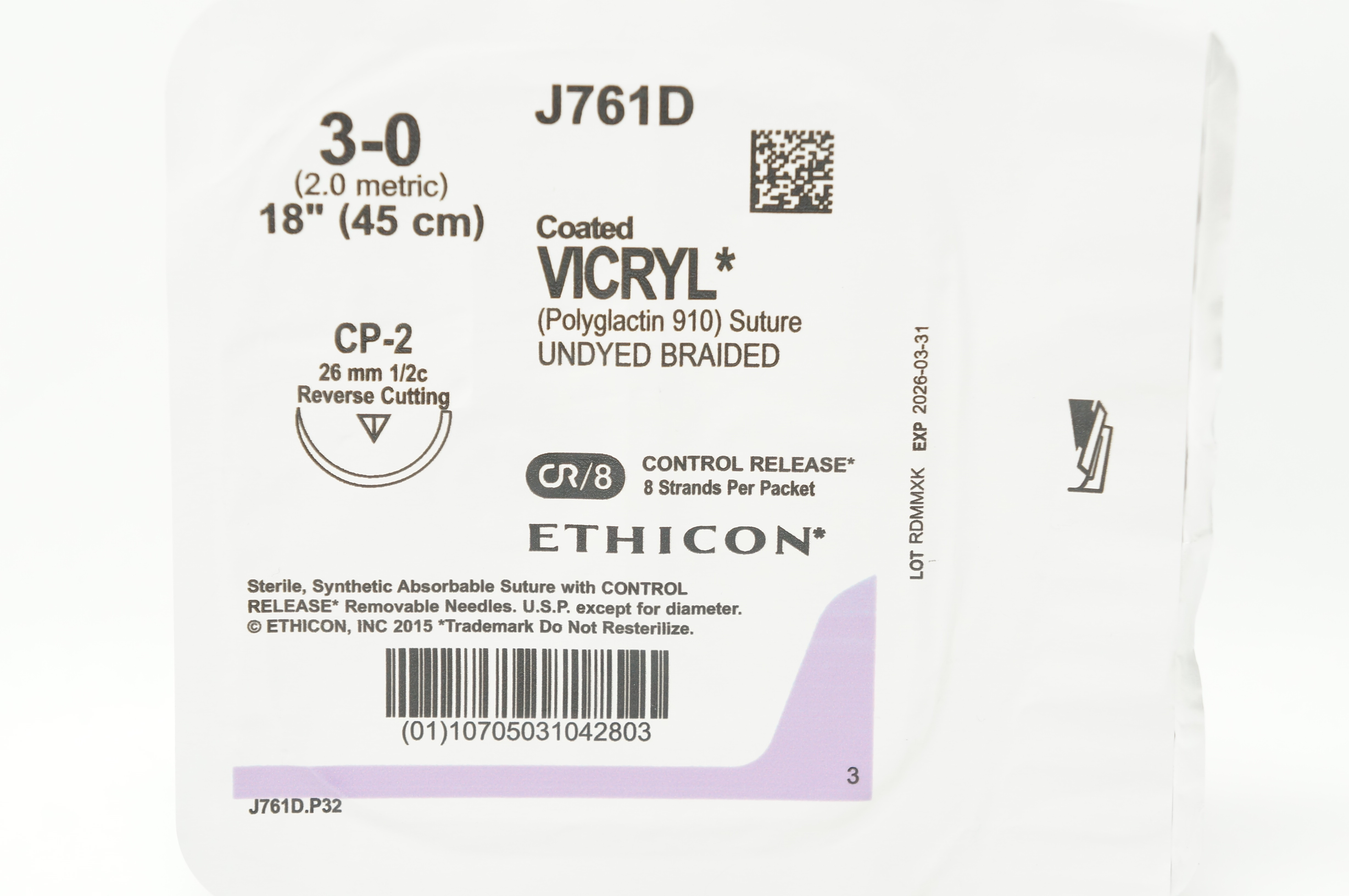 Ethicon J761D 3-0 Coated VICRYL CP-2 26mm 1/2c Reverse Cutting 18inch