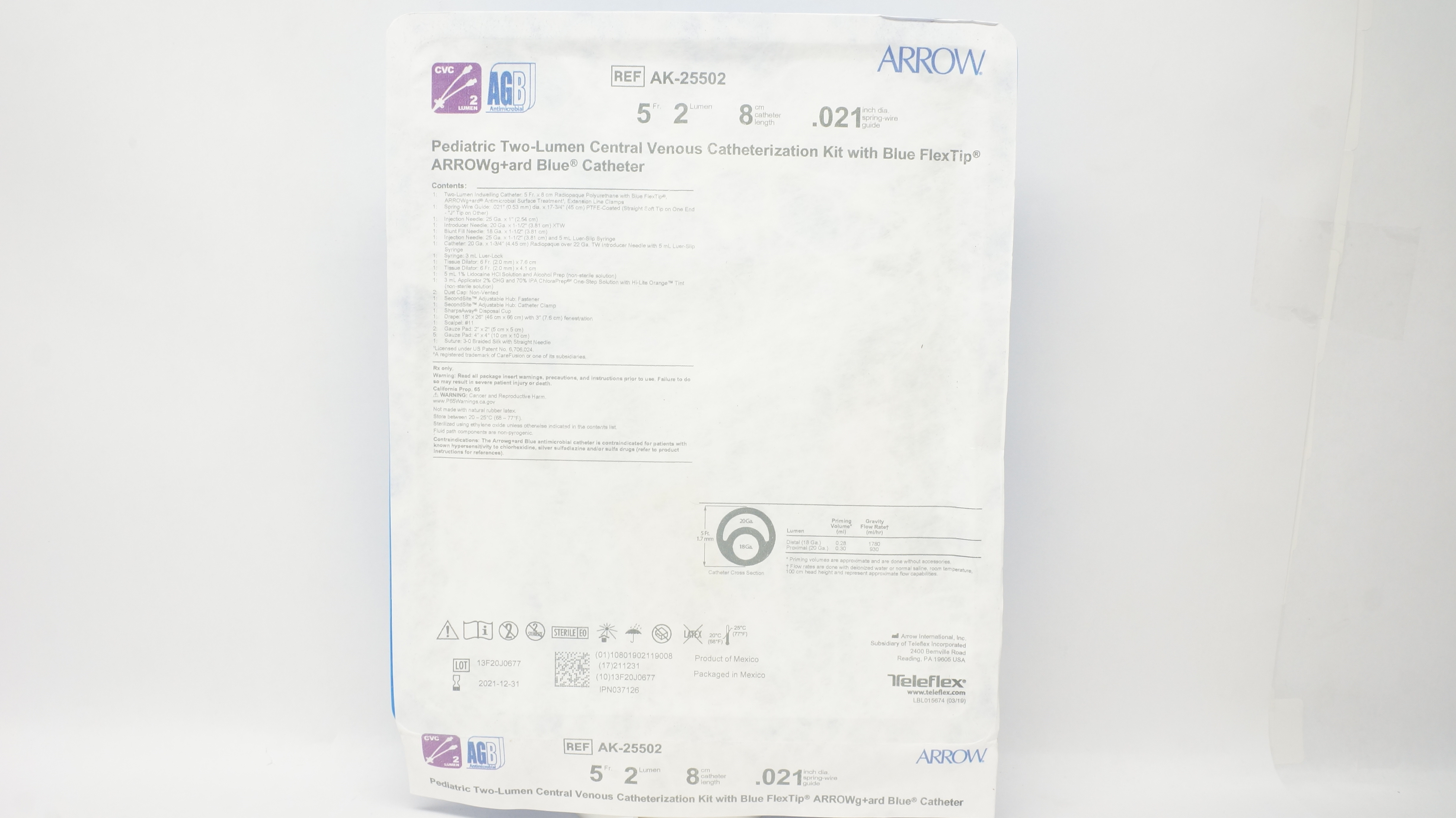 Arrow AK-25502 Pediatric Two-Lumen Central Venous Cath. Kit 5Fr 8cm .021inch