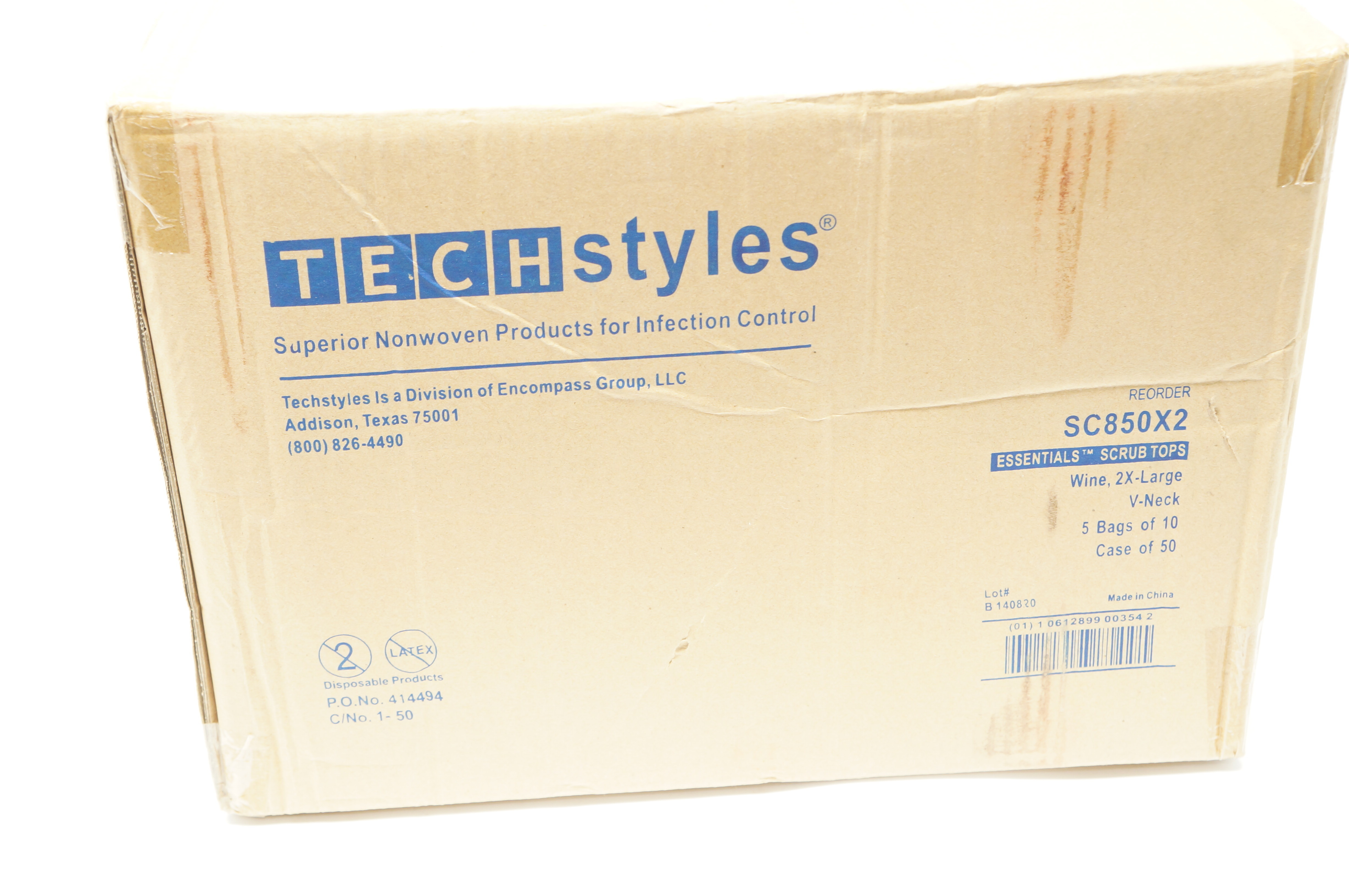 TechStyles SC850X2 Essentials Scrub Tops Wine V-Neck, 2X-Large - Case of 50