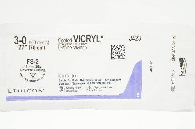 Ethicon J423 3-0 VICRYL Stre FS-2 19mm 3/8c Reverse Cutting 27in (x)