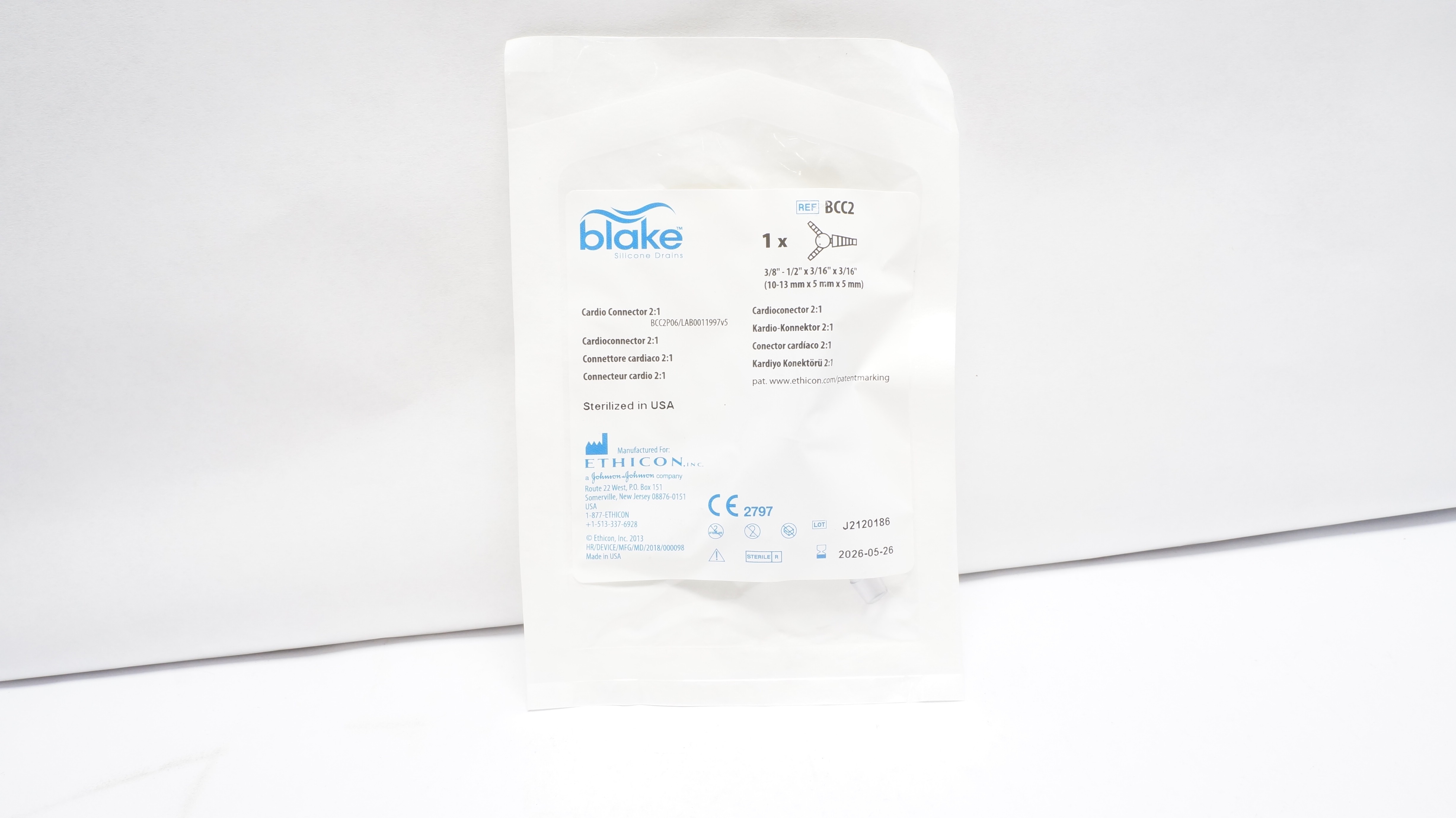 Ethicon BCC2 Blake Silicone Drains Cardio Connector 2:1 3/8-1/2x3/16x3/16in