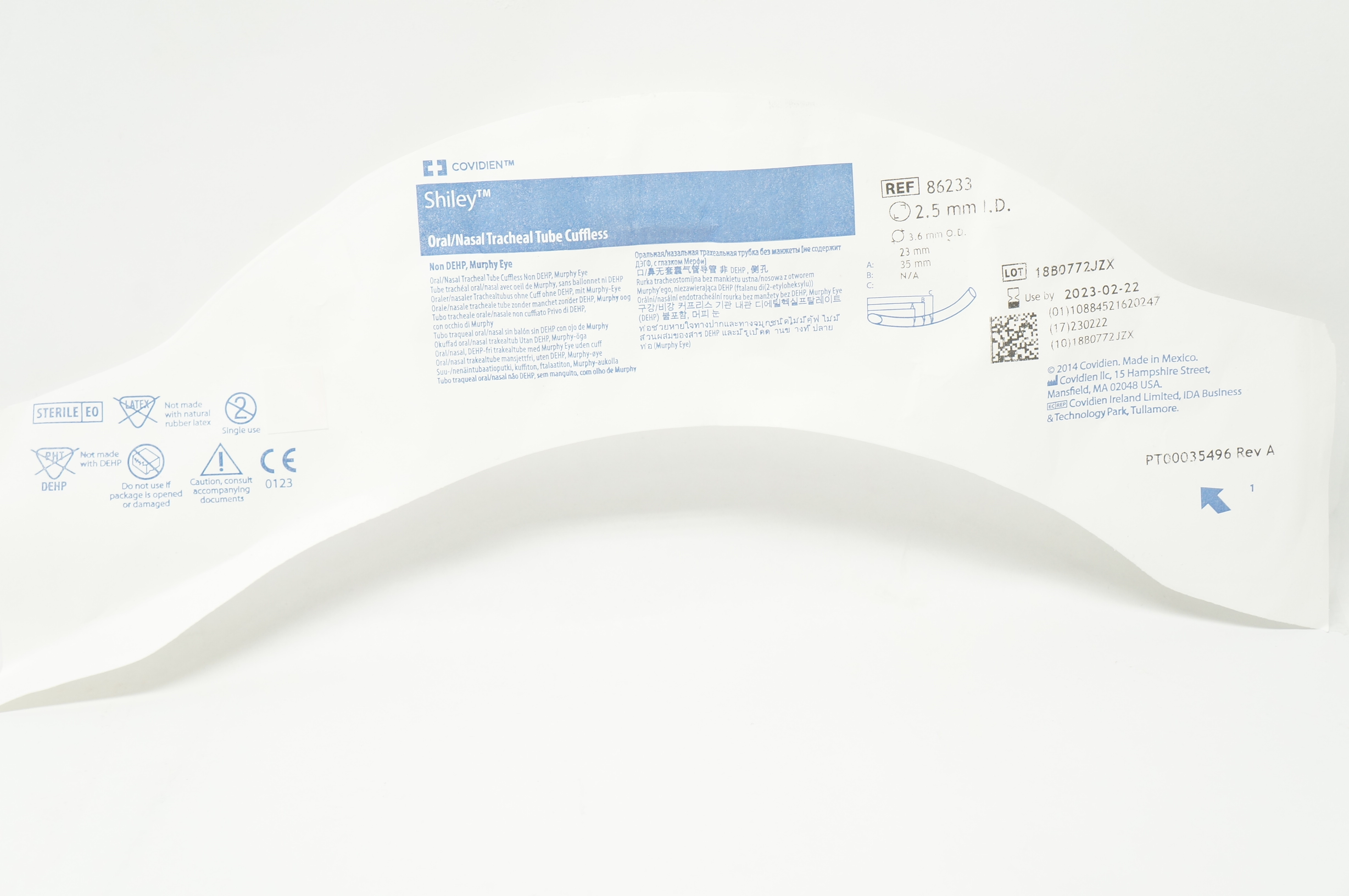 Covidien 86233 Shiley Oral/Nasal Tracheal Tube Cuffless 2.5mm I.D.x3.6mm O.D.(x)