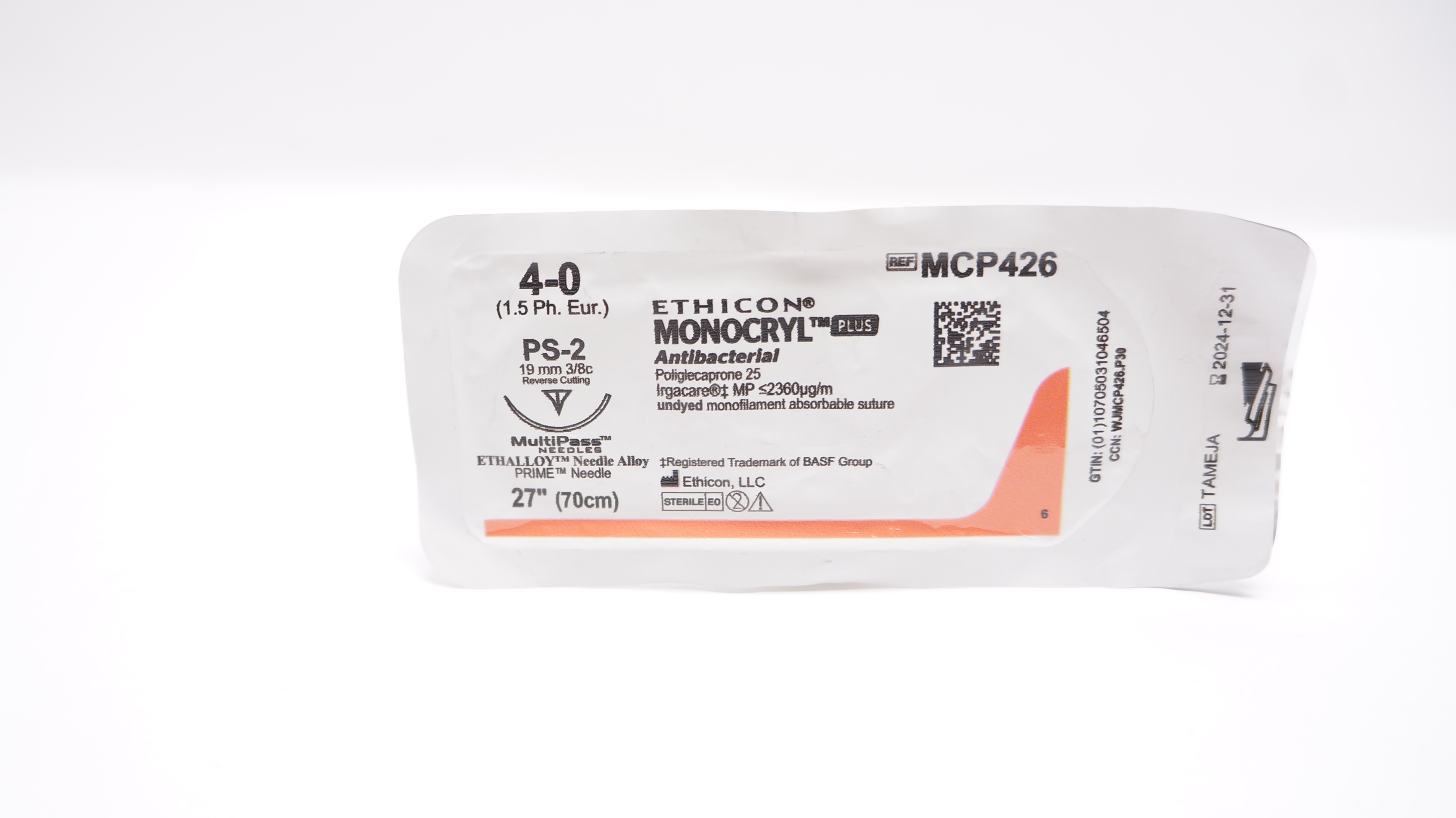 Ethicon MCP426 4-0 MONOCRYL Plus, PS-2,  19mm 3/8c Reverse Cutting,  27inch