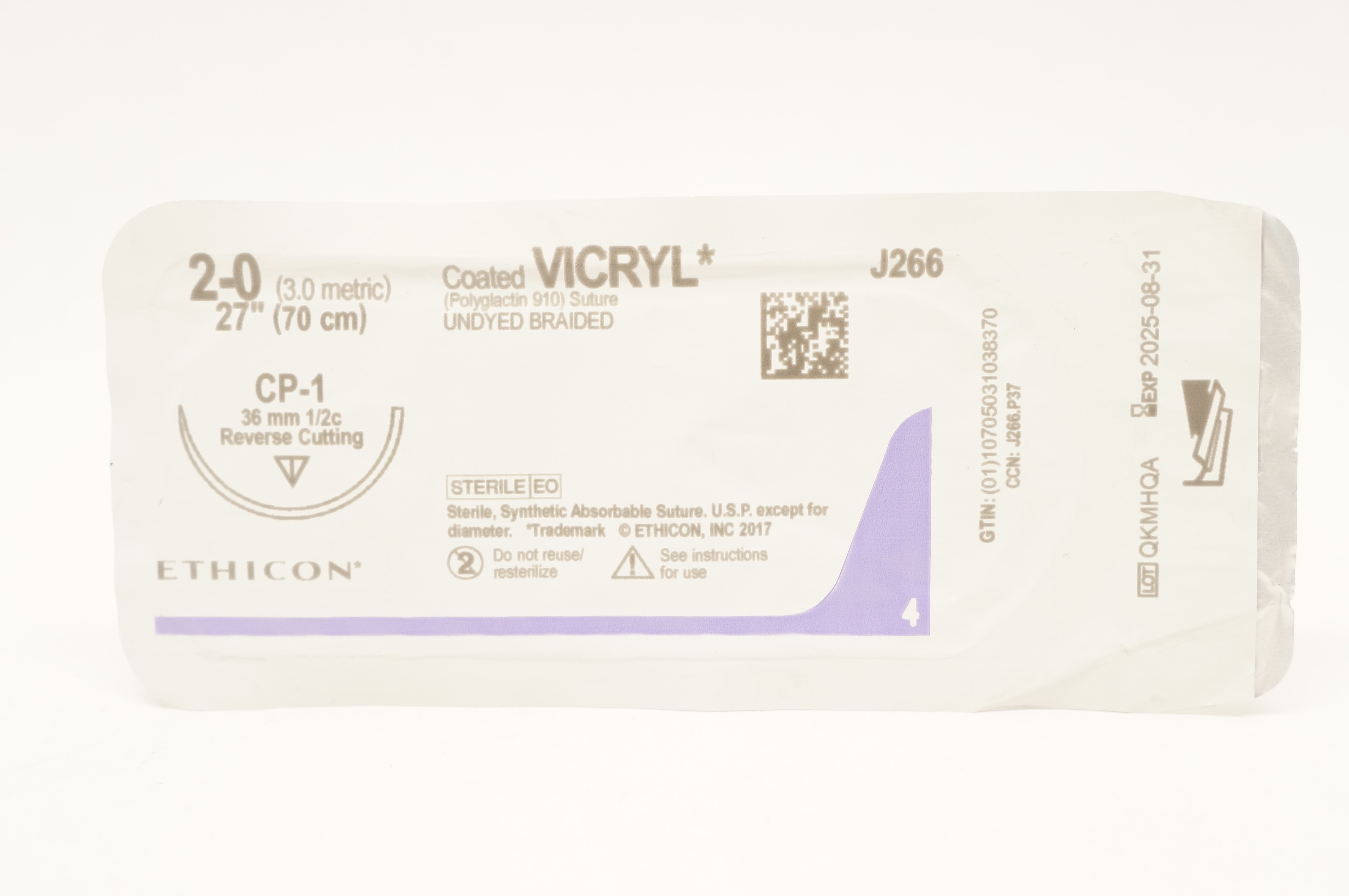 Ethicon J266 2-0 Coated VICRYL Stre CP-1 36mm 1/2c Reverse Cutting 27inch
