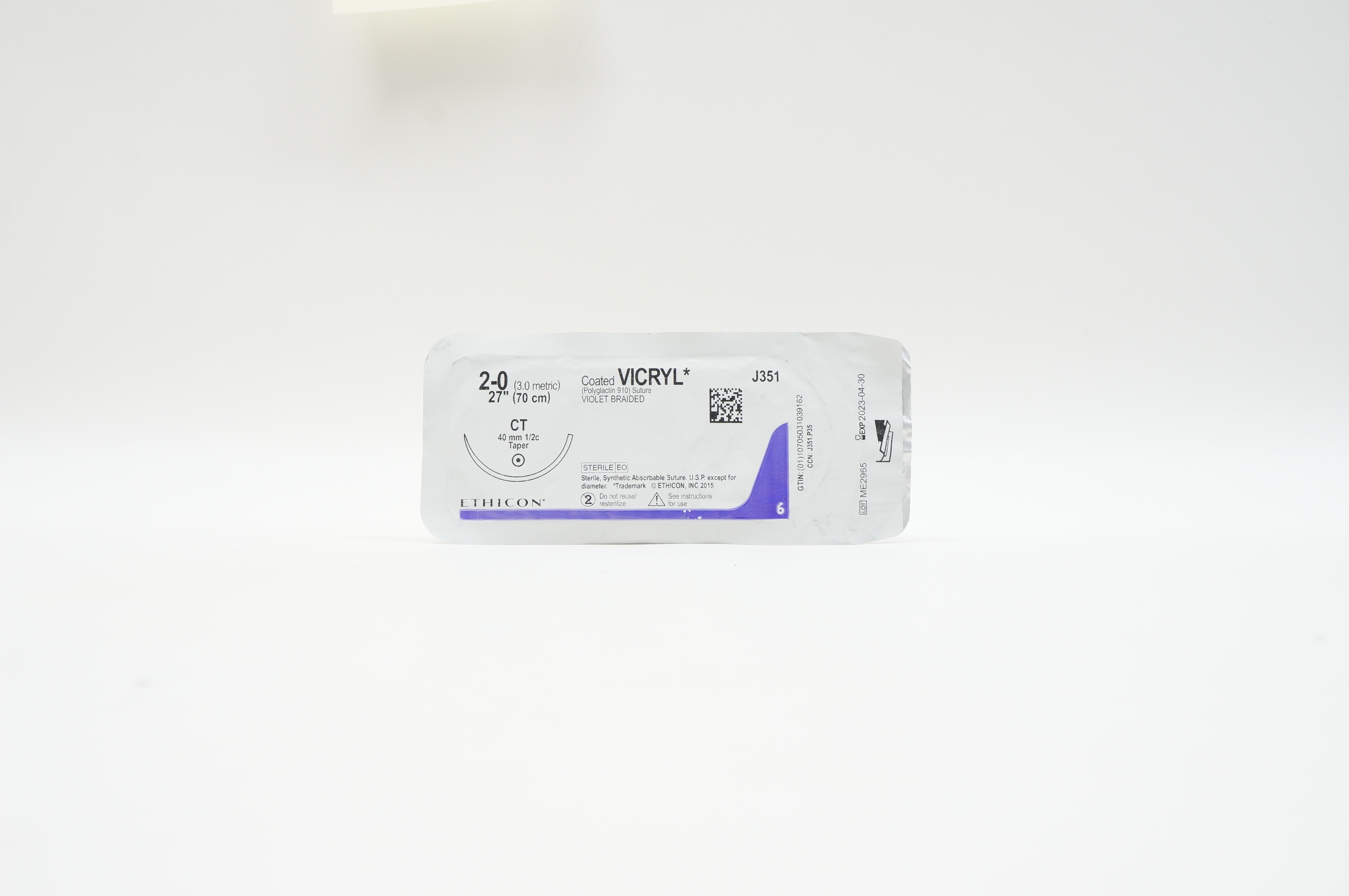 Ethicon J351 2-0 VICRYL, CT, 40mm 1/2c Taper, 27inch