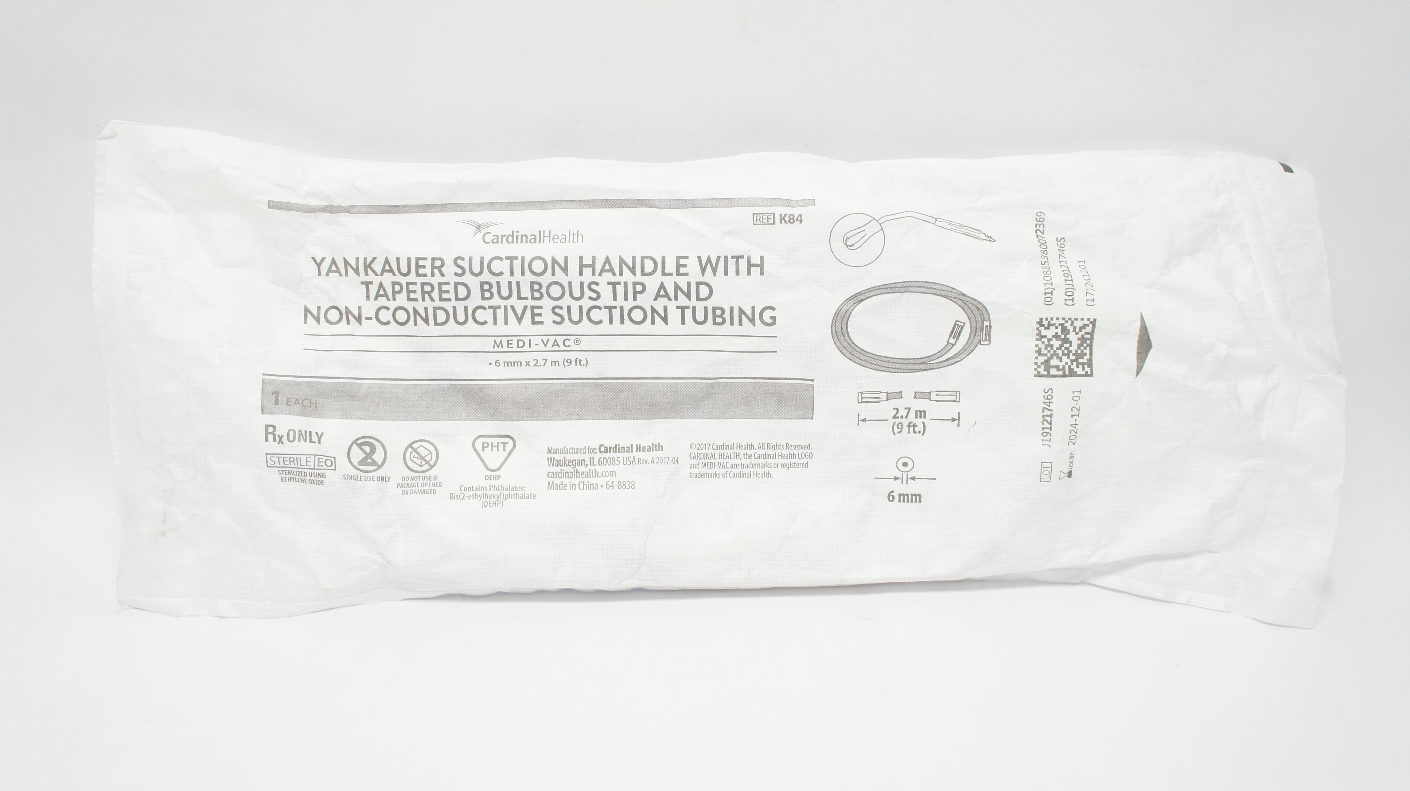 Cardinal Health K84 Medi-VAC Yankauer Suction Handle 6mm x 9ft.