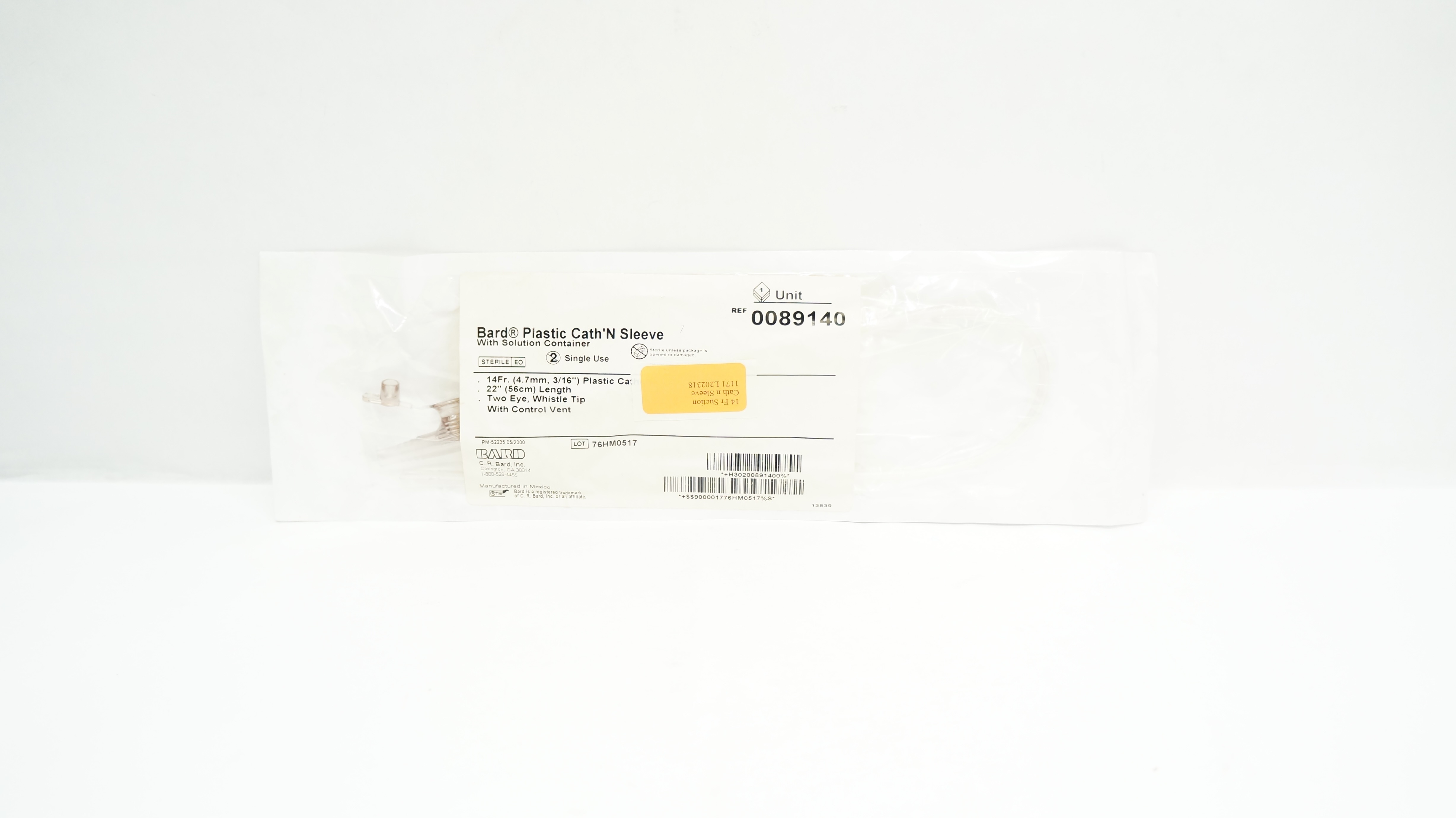 Bard 0089140 Latex-Free Plastic Cath'N Sleeve&Solution Container 14Frx22inch(x)