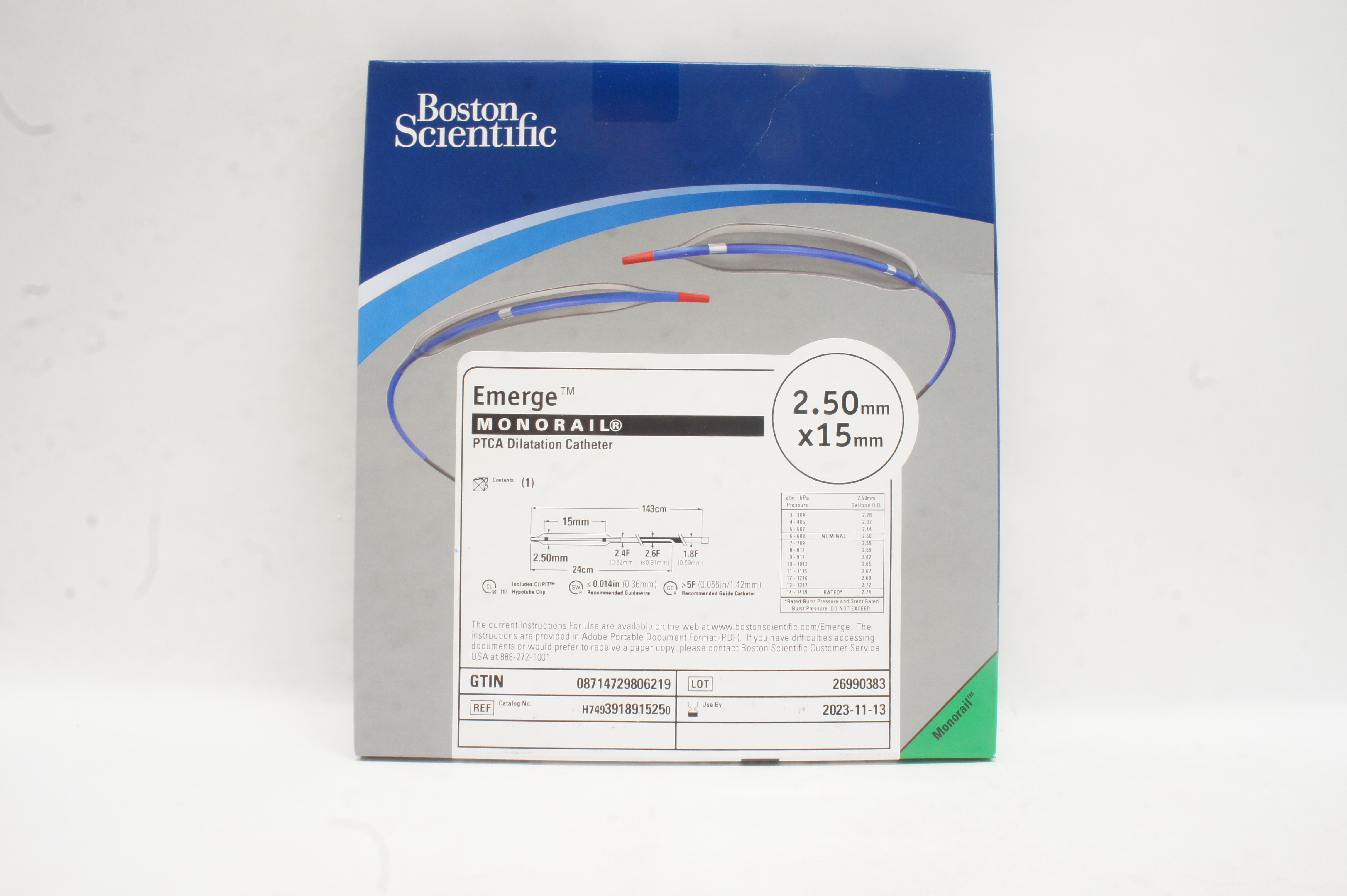 Boston Scientific 391891525 Emerge Monorail PTCA Dilatation Catheter 2.50mm x 15mm