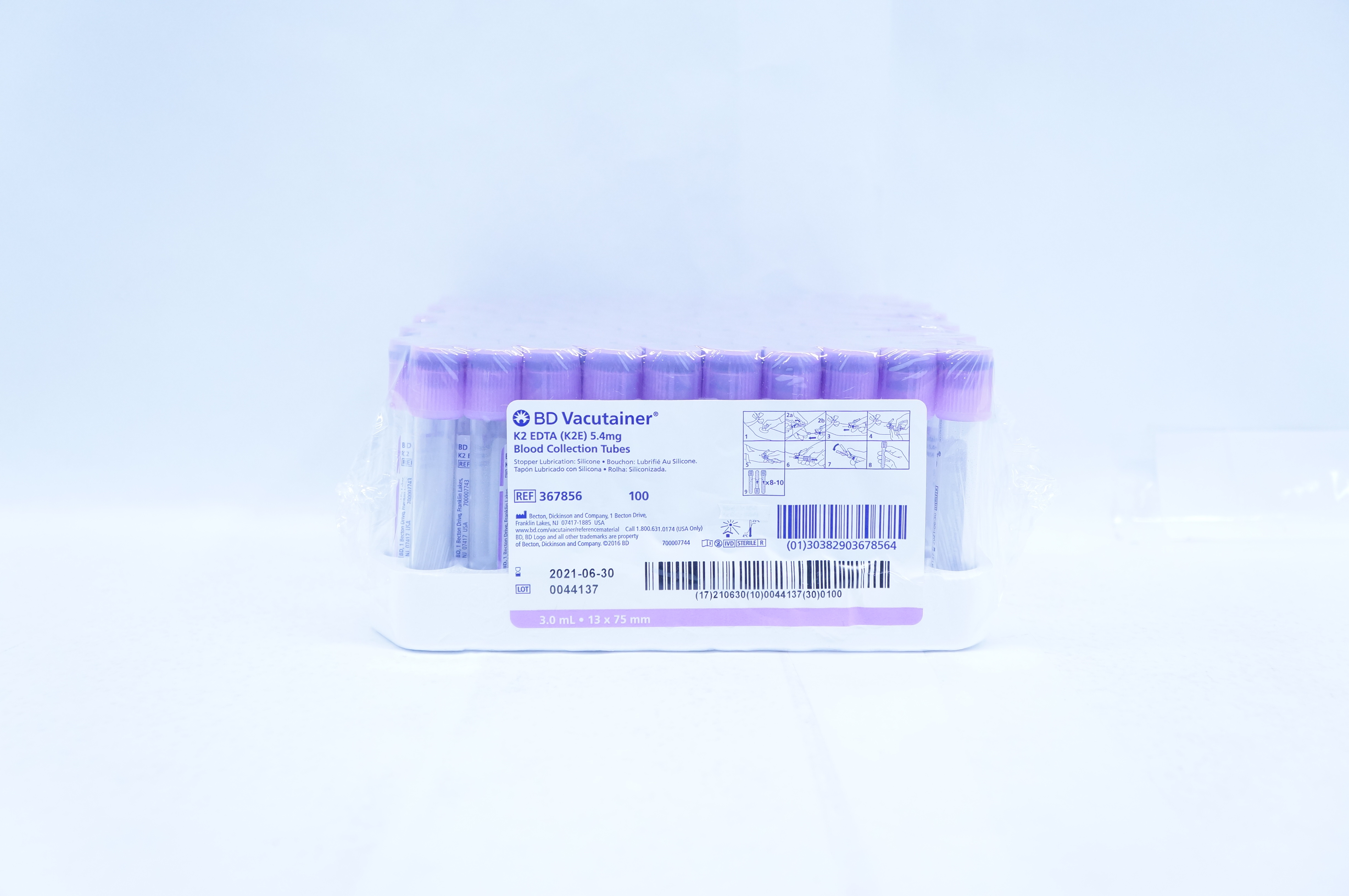 BD 367856 Vacutainer K2 EDTA 5.4mg Blood Collection Tubes 3.0ml - Box of 100