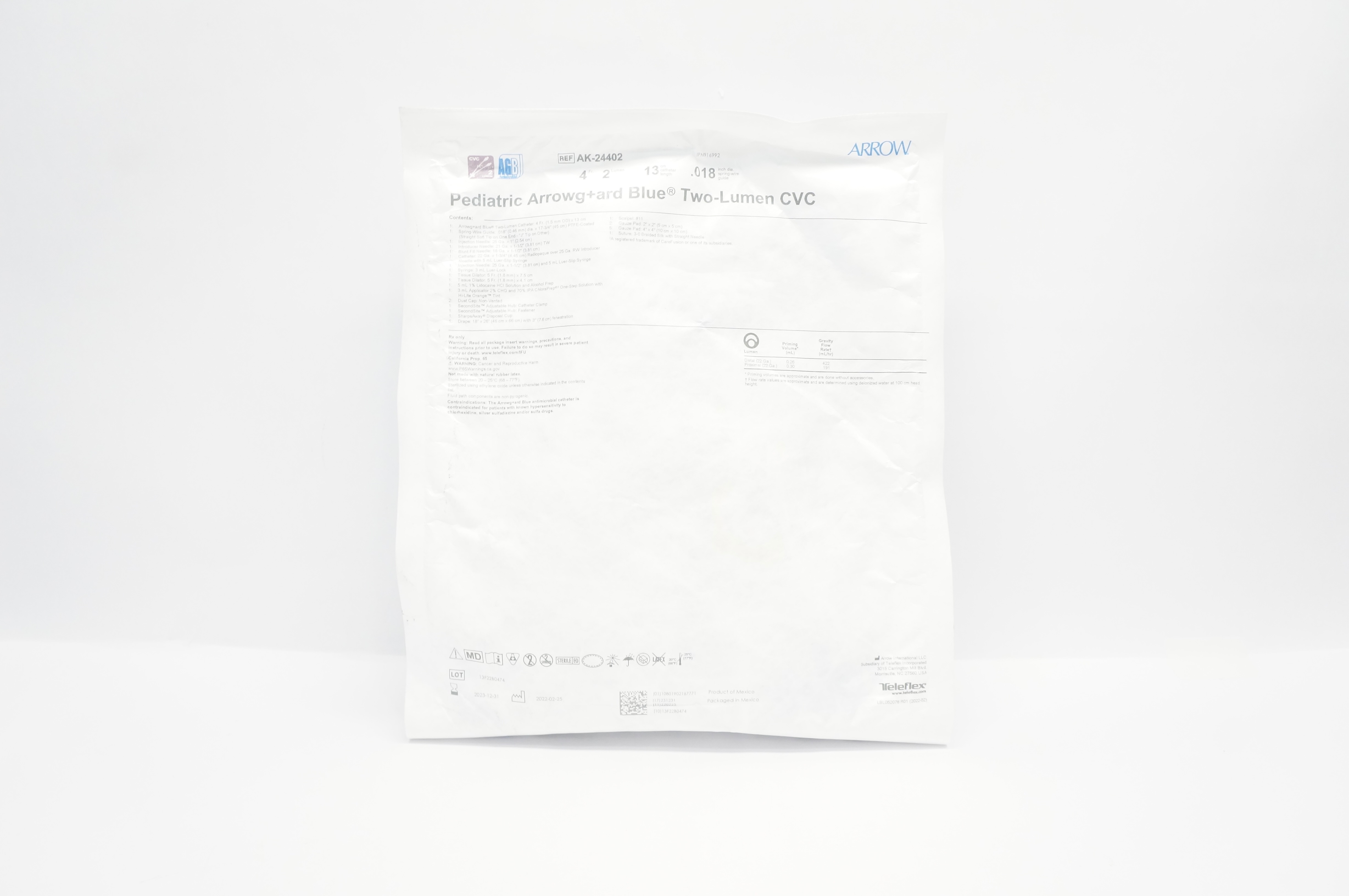 Arrow AK-24402 Pediatric Two-Lumen Central Venous Cath. Kit 4Fr 13cm .018in