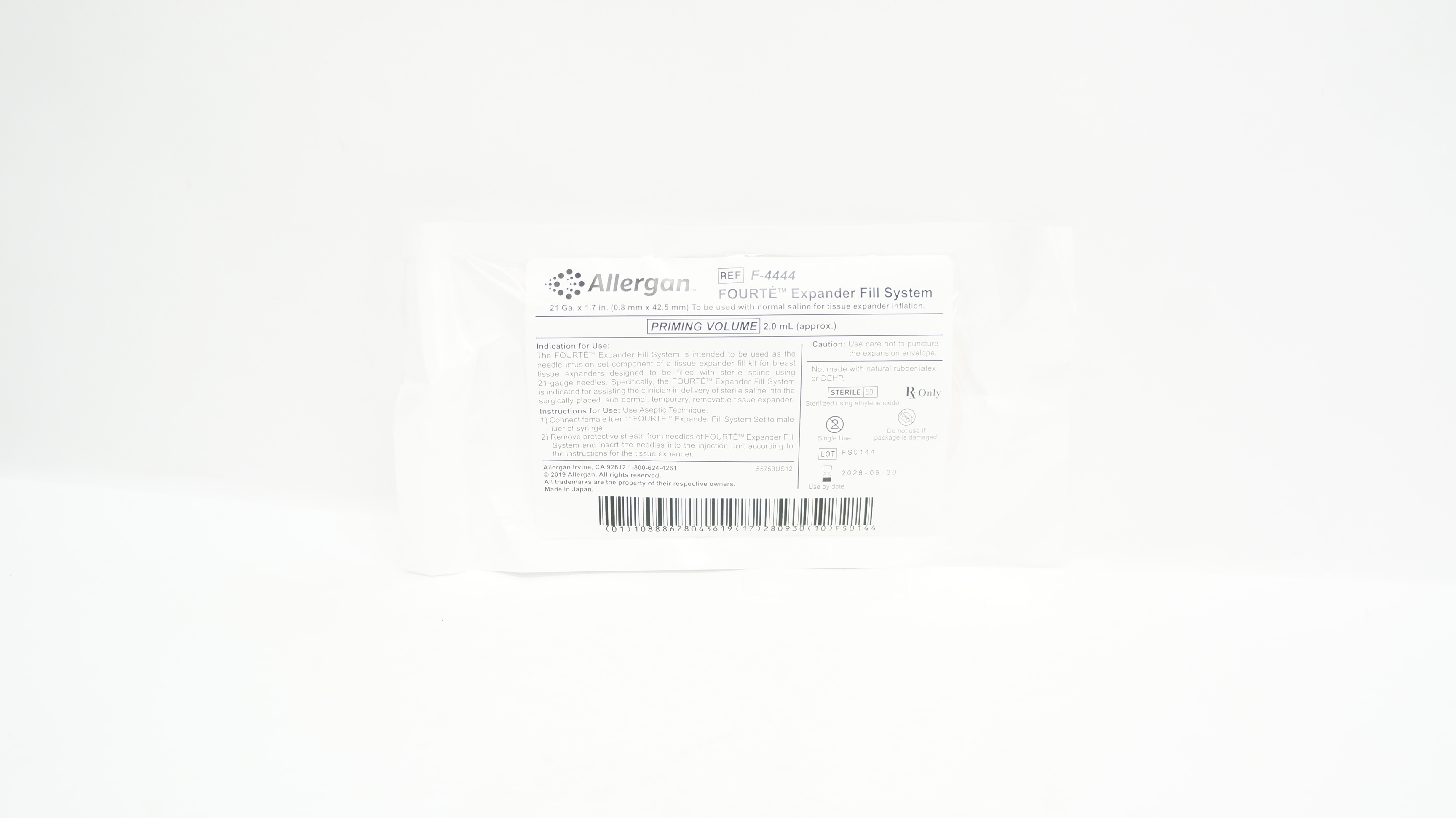 Allergan F-4444 Fourte Expander Fill System 21 Ga x 1.7inch Priming Vol. 2.0mL