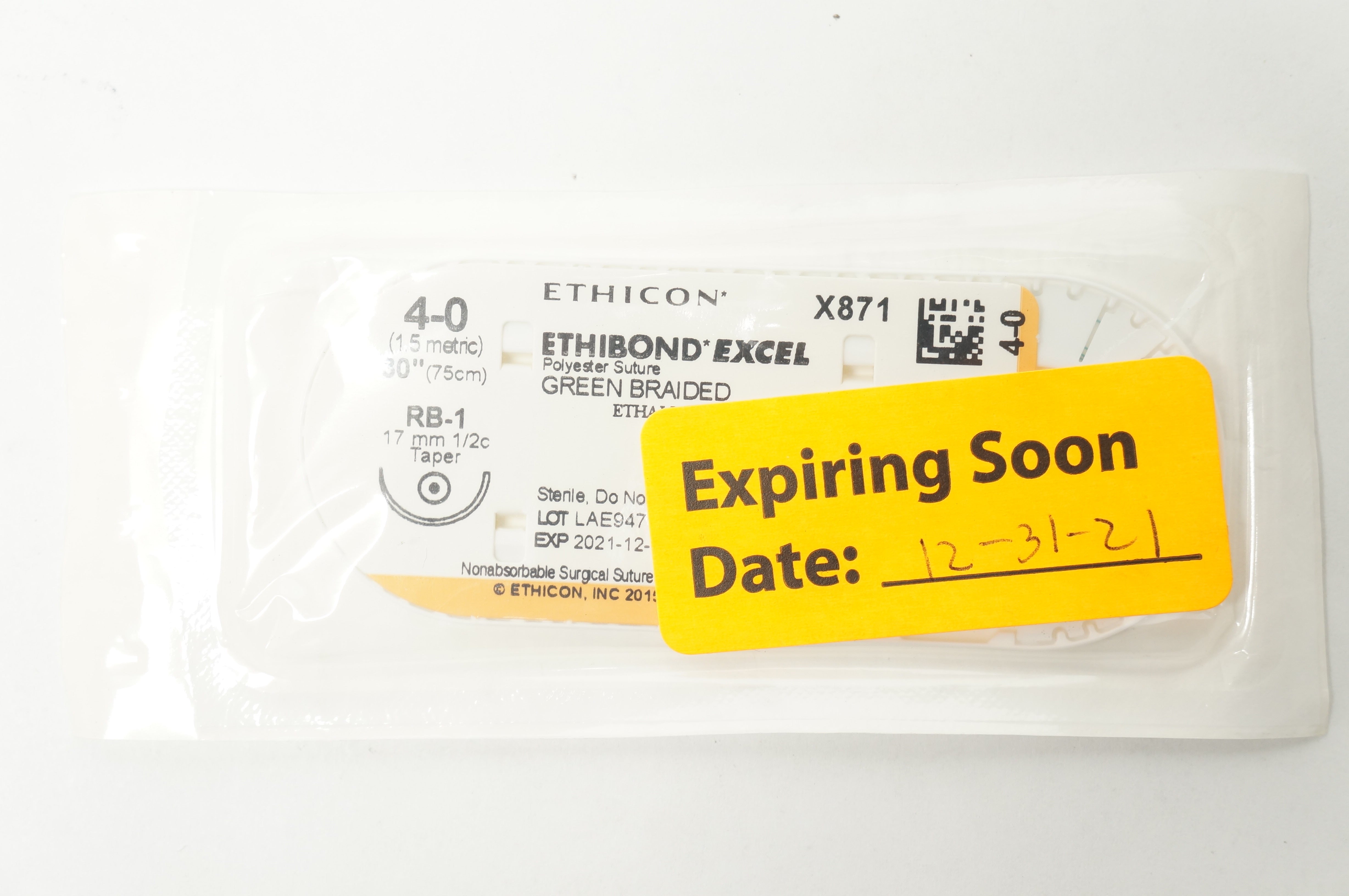 Ethicon X871 4-0 ETHIBOND EXCEL, Polyester Stre RB-1 17mm 1/2c Taper, 30inch