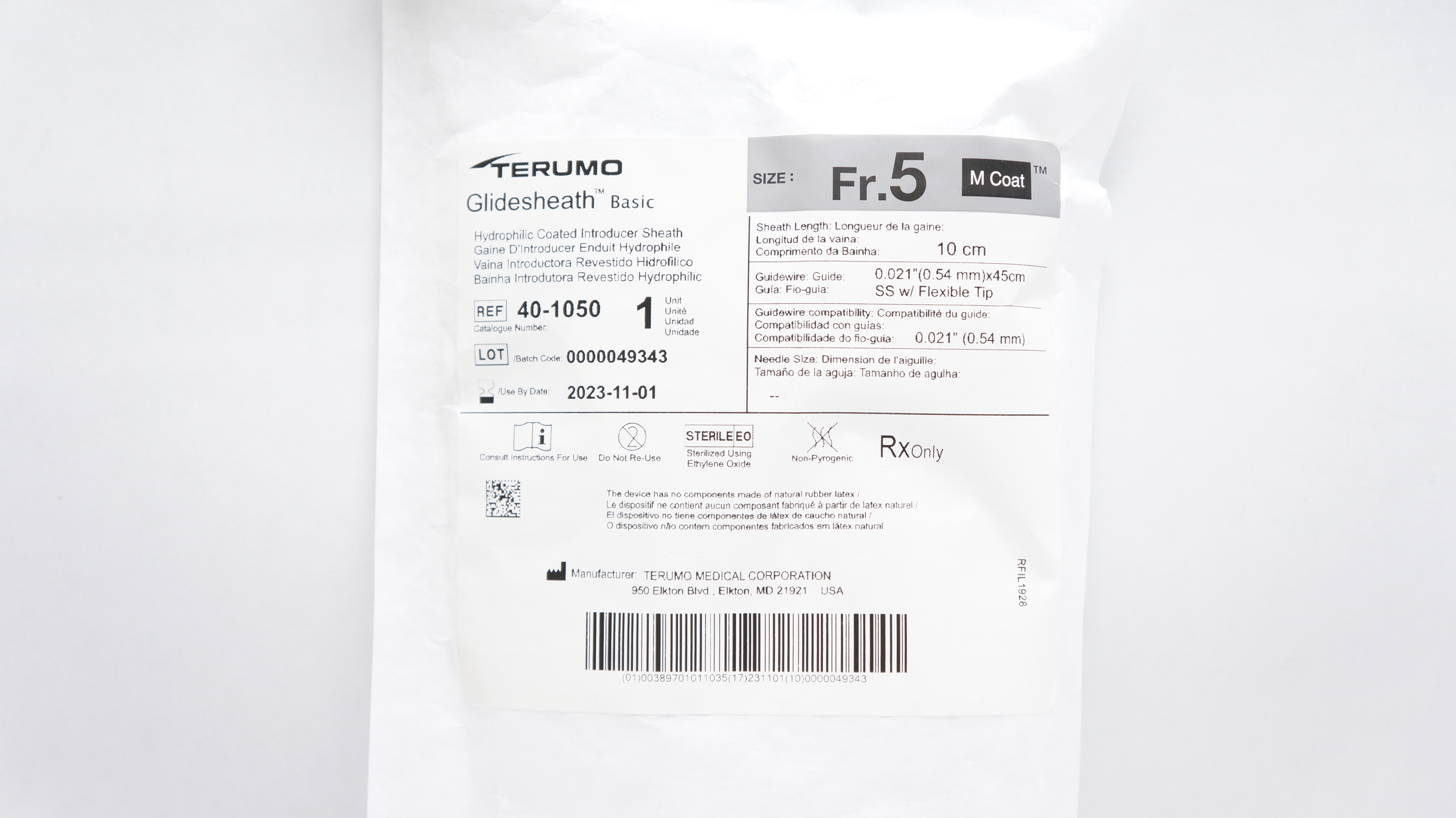 Terumo 40-1050 Glidesheath Basic Hydrophilic Coated Introducer Sheath 5Fr (x)