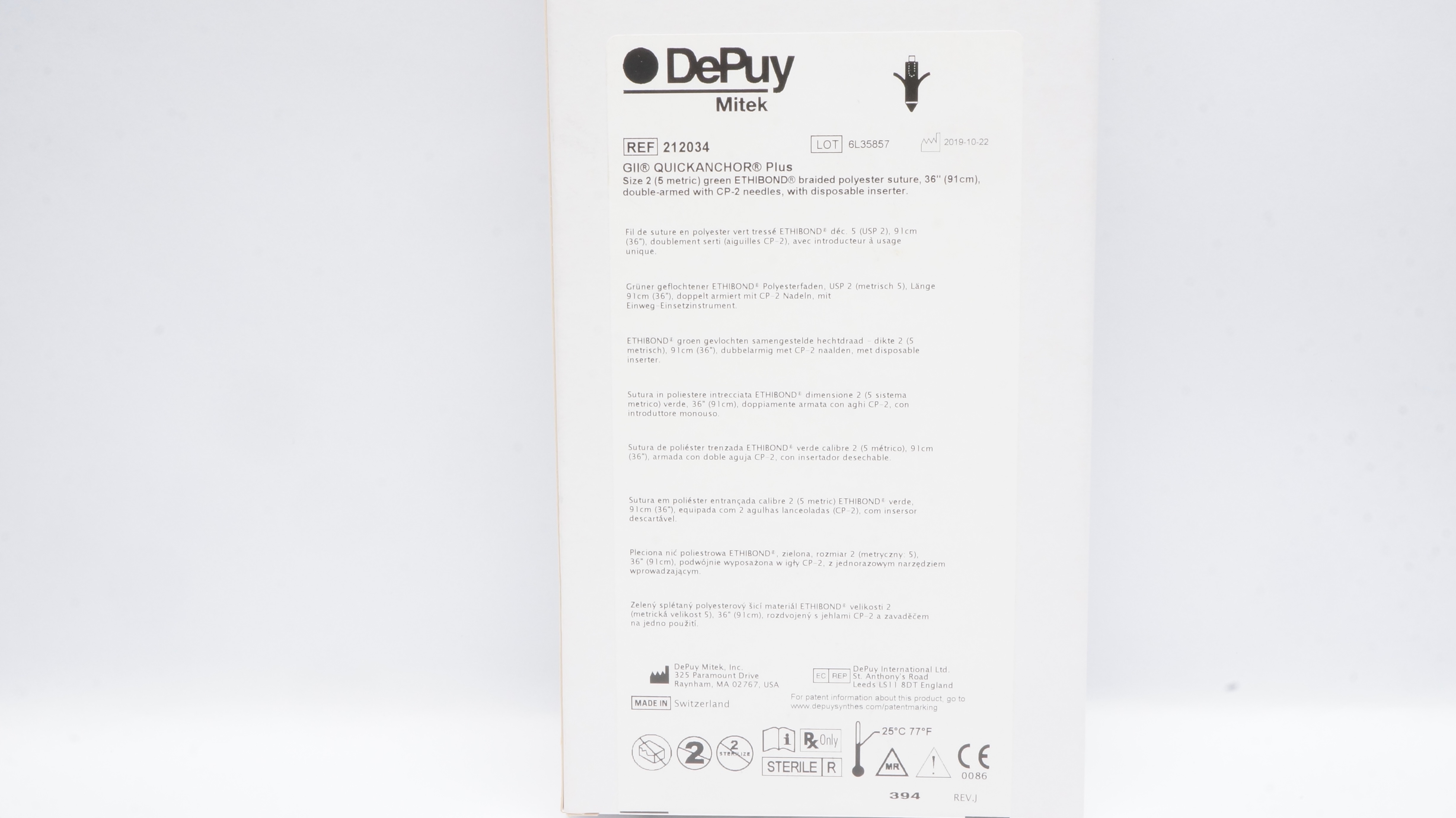 DePuy 212034 2 Mitek GII Quickanchor Plus Ethibond Polyester Stre 36inch (x)