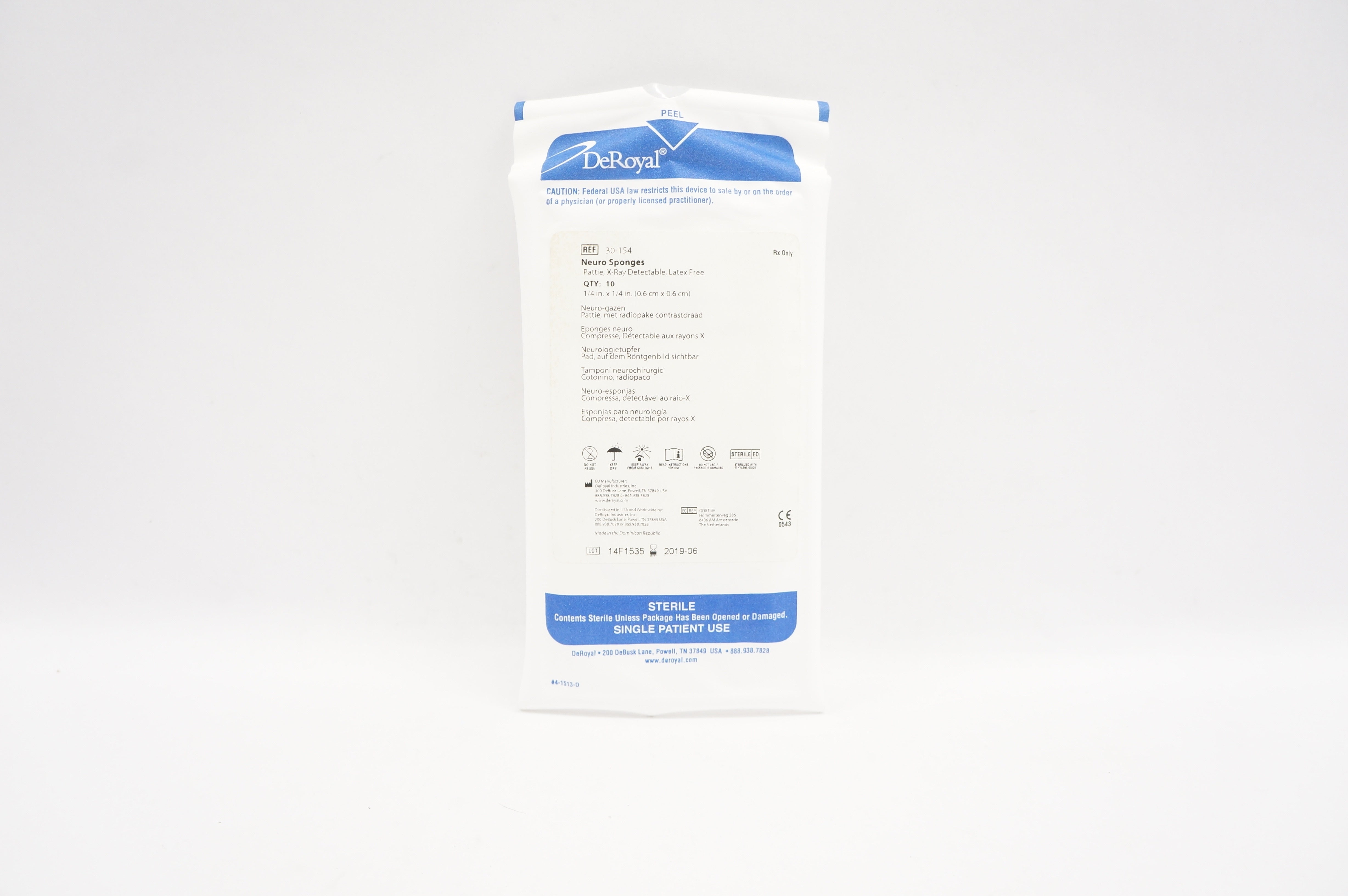 DeRoyal 30-154 Neuro Sponge 1/4inch x 1/4inch (x) - Pack of 10