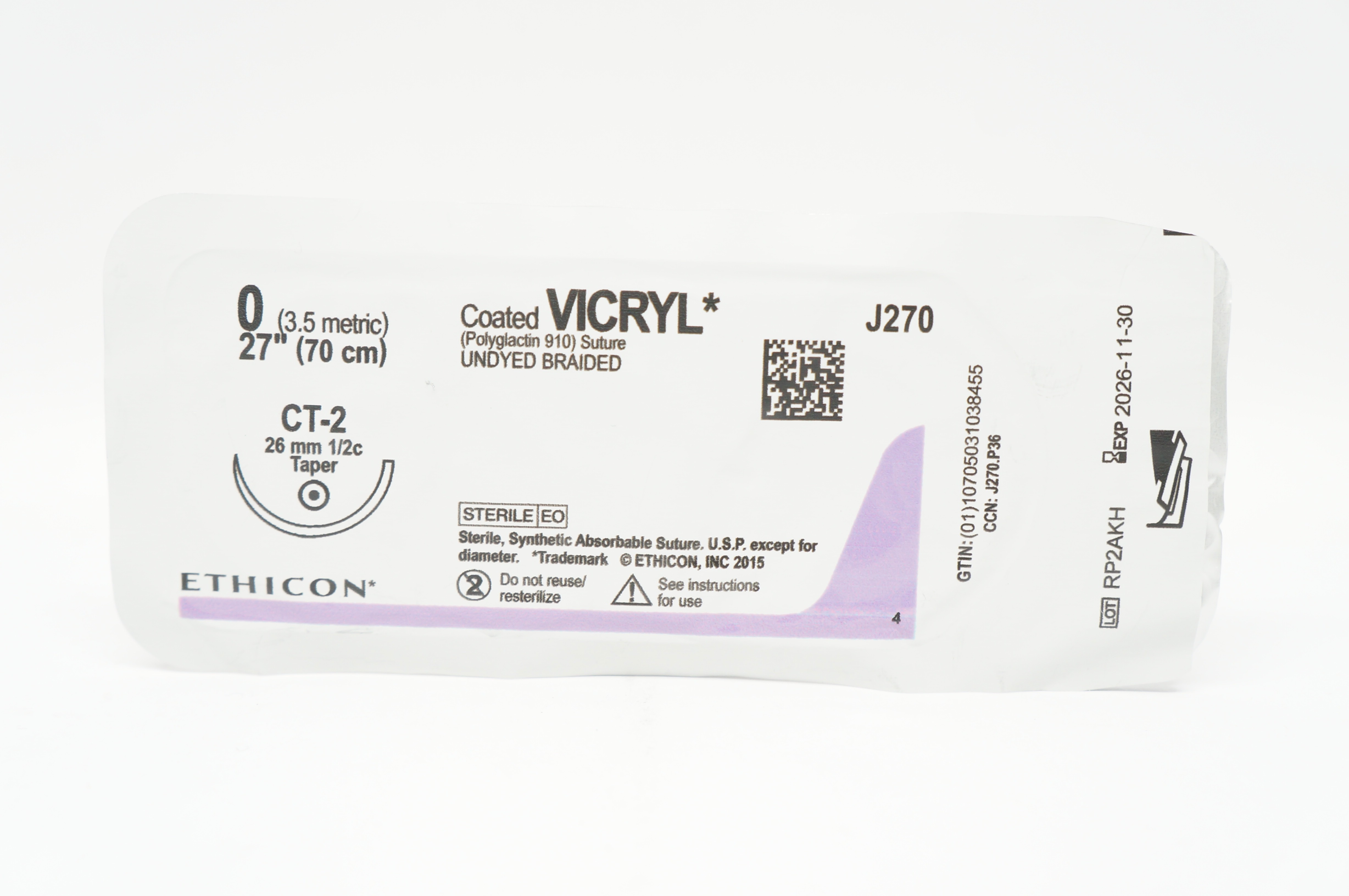 Ethicon J270 0 Coated VICRYL, CT-2, 26mm 1/2c Taper, 27inch