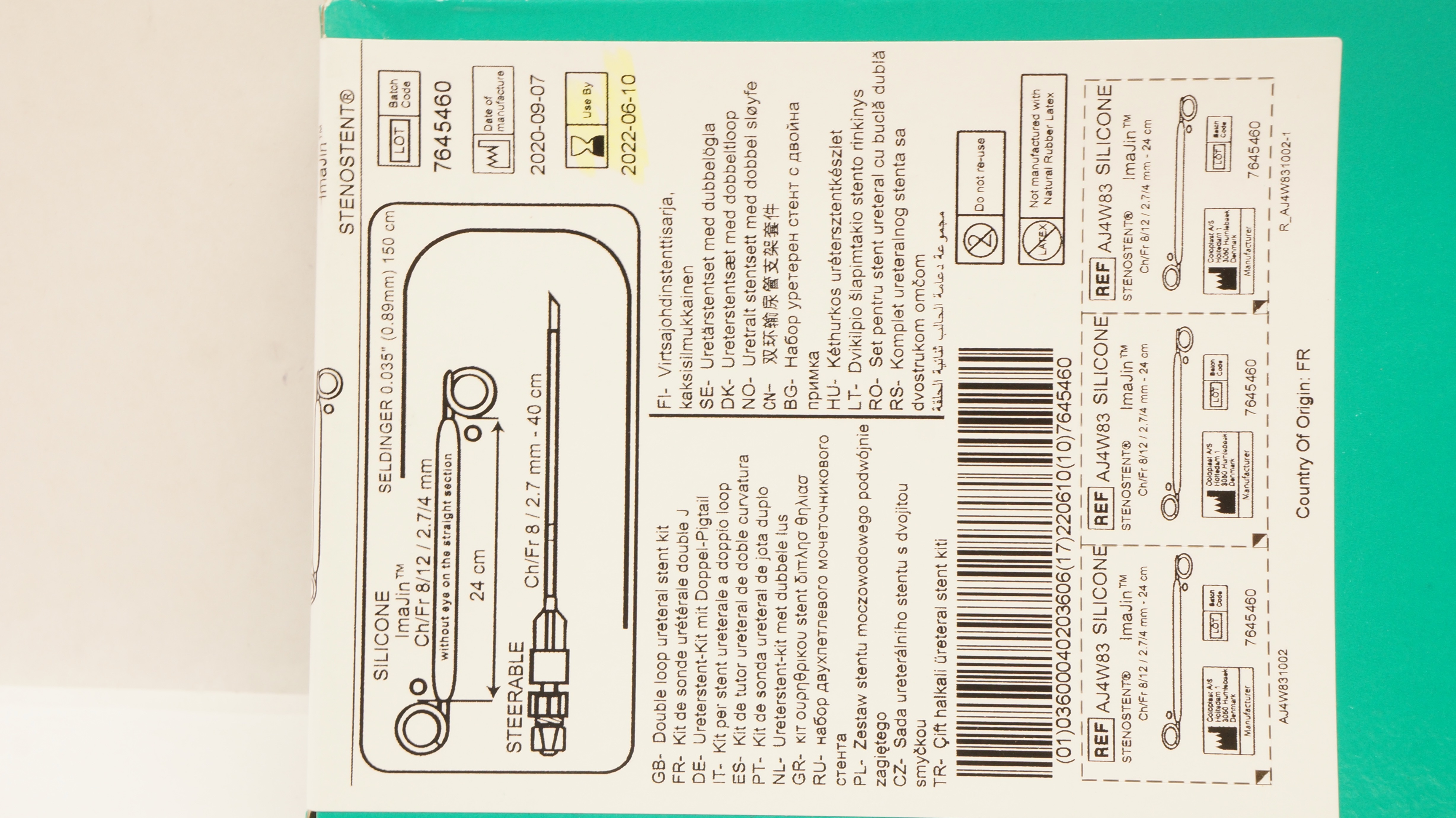 Coloplast AJ4W83 Stenostent Silicone Double Loop Ureteral Stnt Kit 8Fr x 24cm(x)