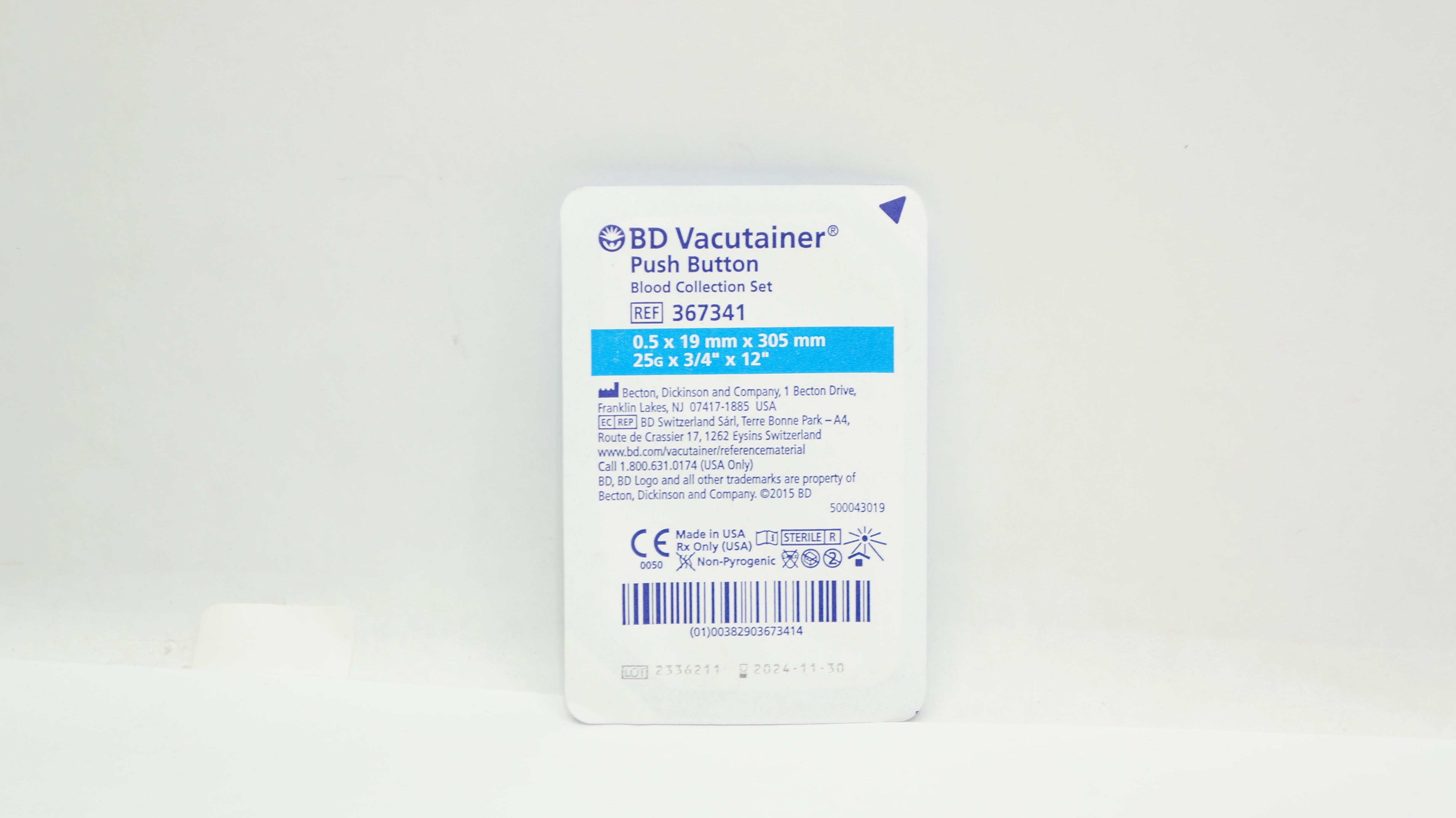 BD 367341 Vacutainer Push Button Blood Collection Set 25G x 3/4 x 12inch
