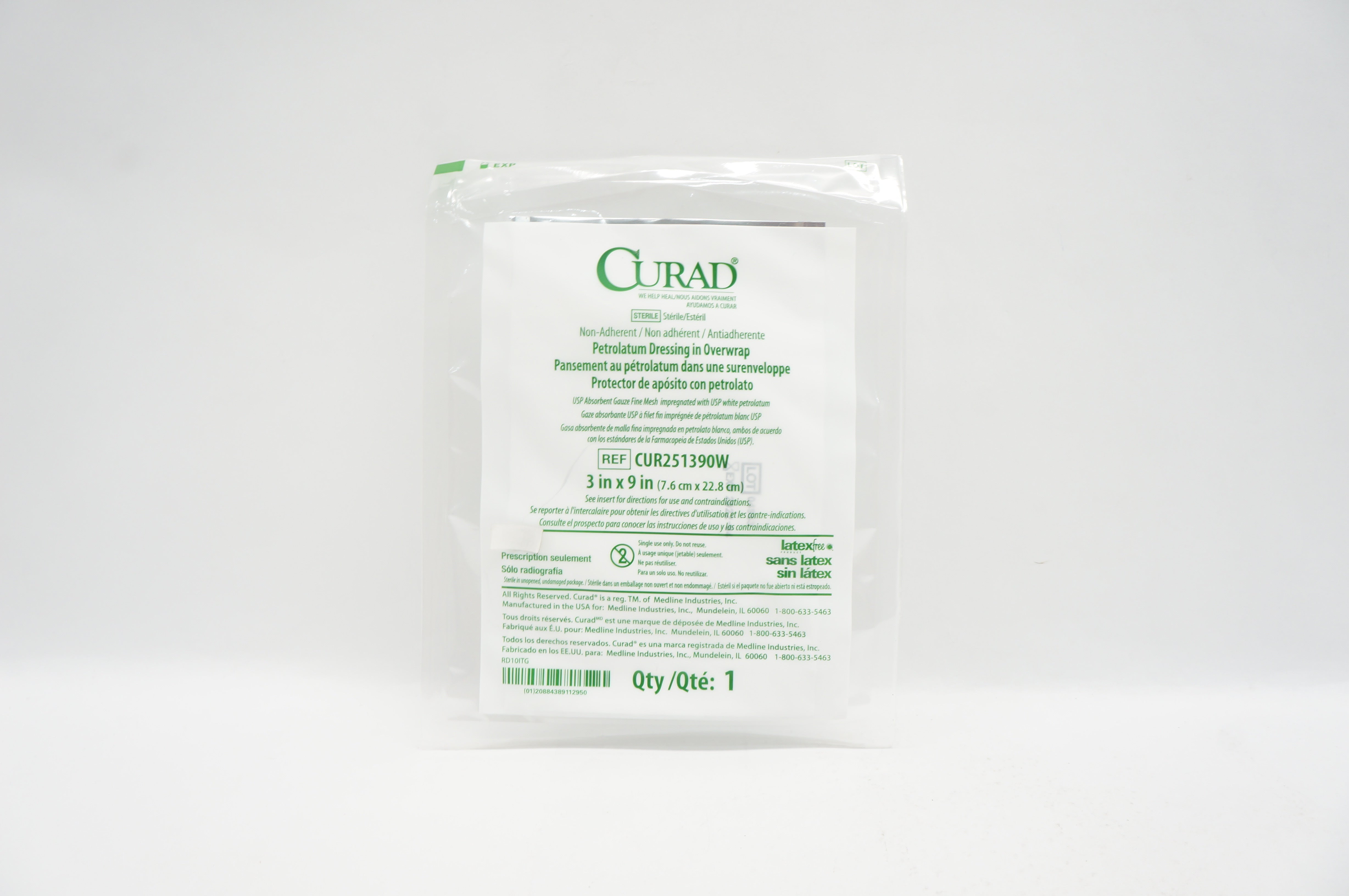 Medline CUR251390W Curad Petrolatum Dressing in Overwrap 3 inch x 9 inch (x)