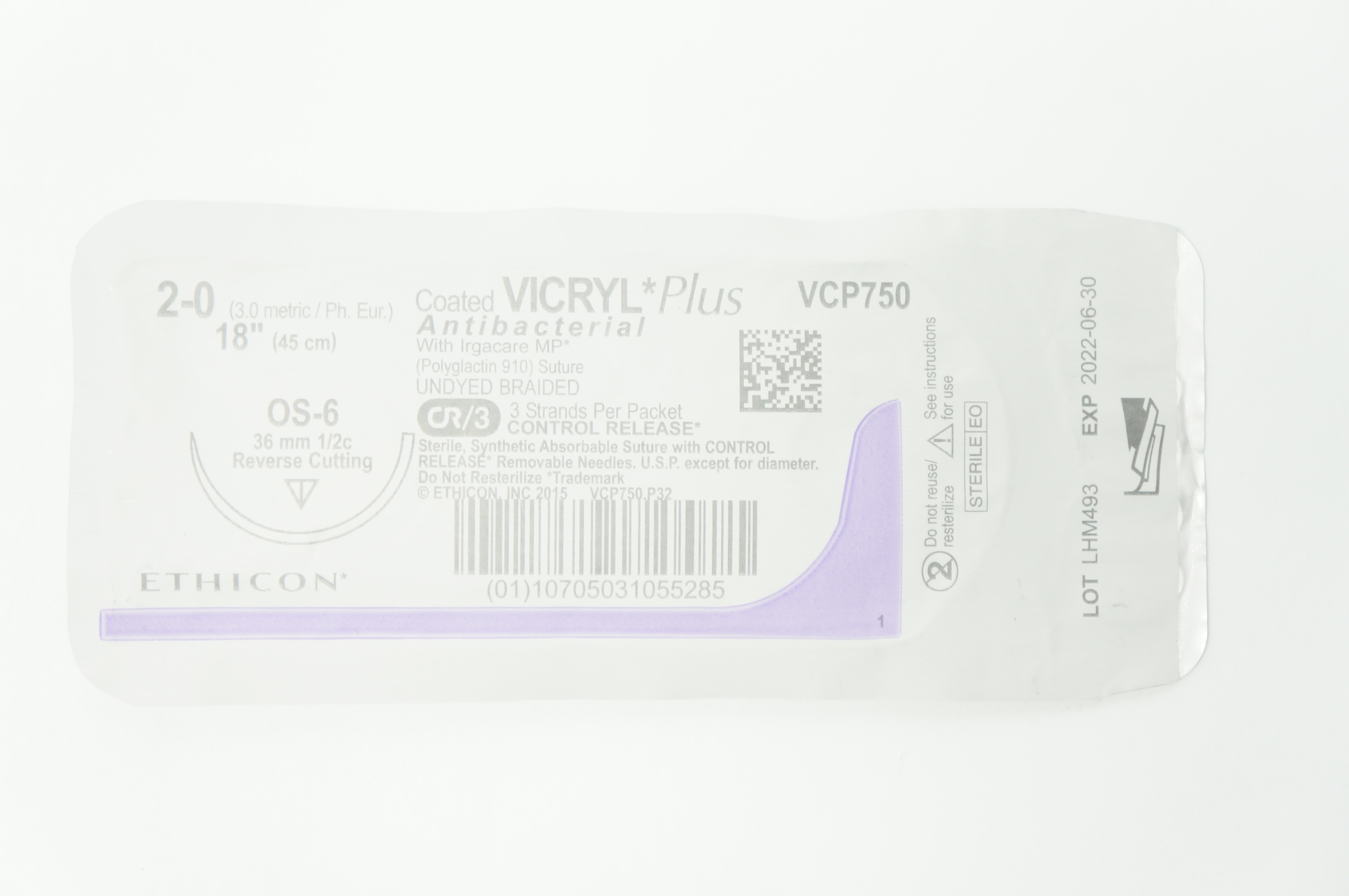 Ethicon VCP750 2-0 VICRYL Plus OS-6 36mm 1/2c Reverse Cutting 18inch (x)