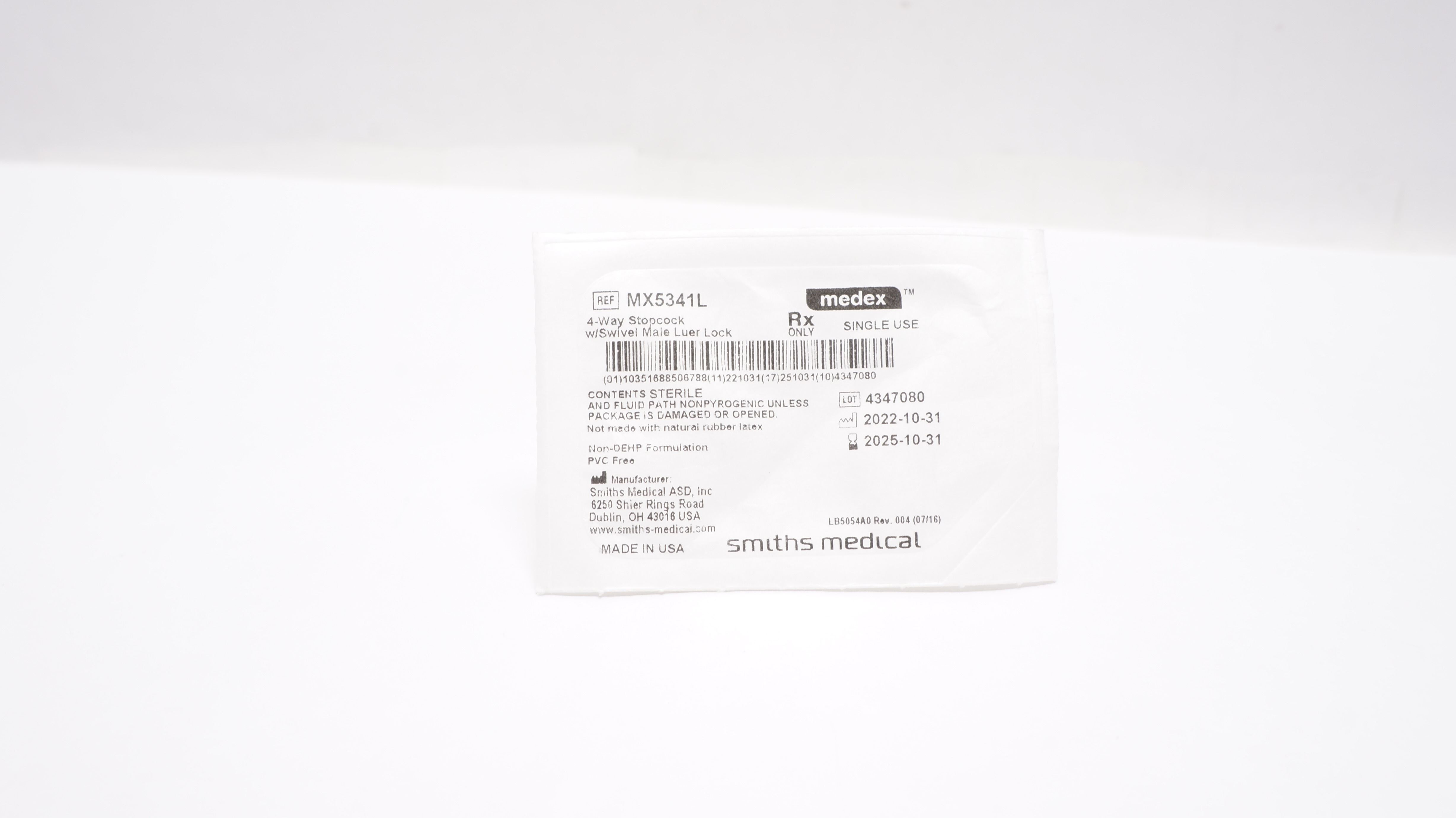 Smiths Medical MX5341L 4-Way Stopcock w/Swivel Male Luer Lock