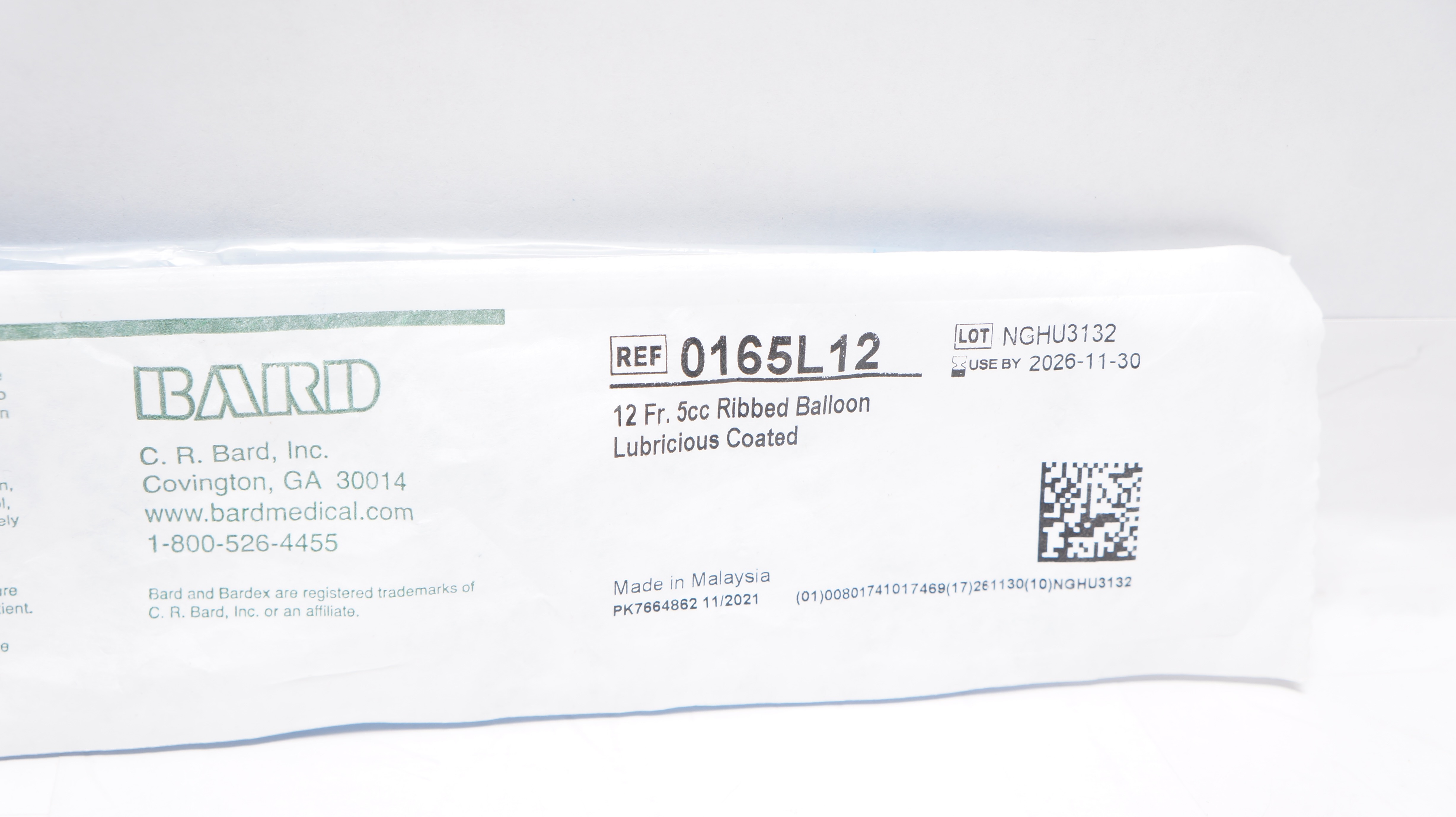 Bard 0165L12 Foley Lubricious Coated Cath. 12 Fr. 5cc Ribbed Balloon