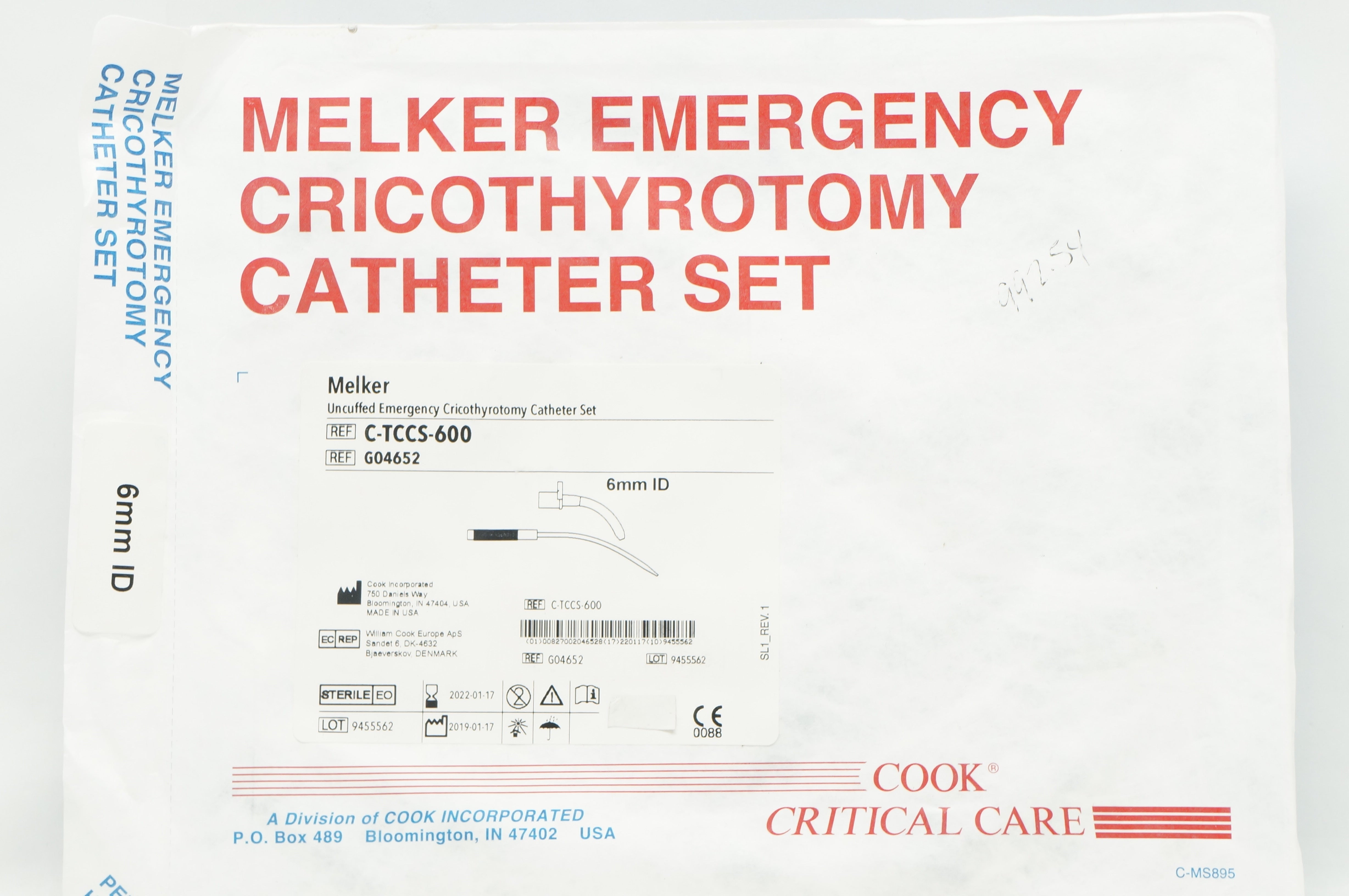 Cook Medical G04652 Melker Uncuffed Emergency Cricothyrotomy Cath. Set 6mmID (x)
