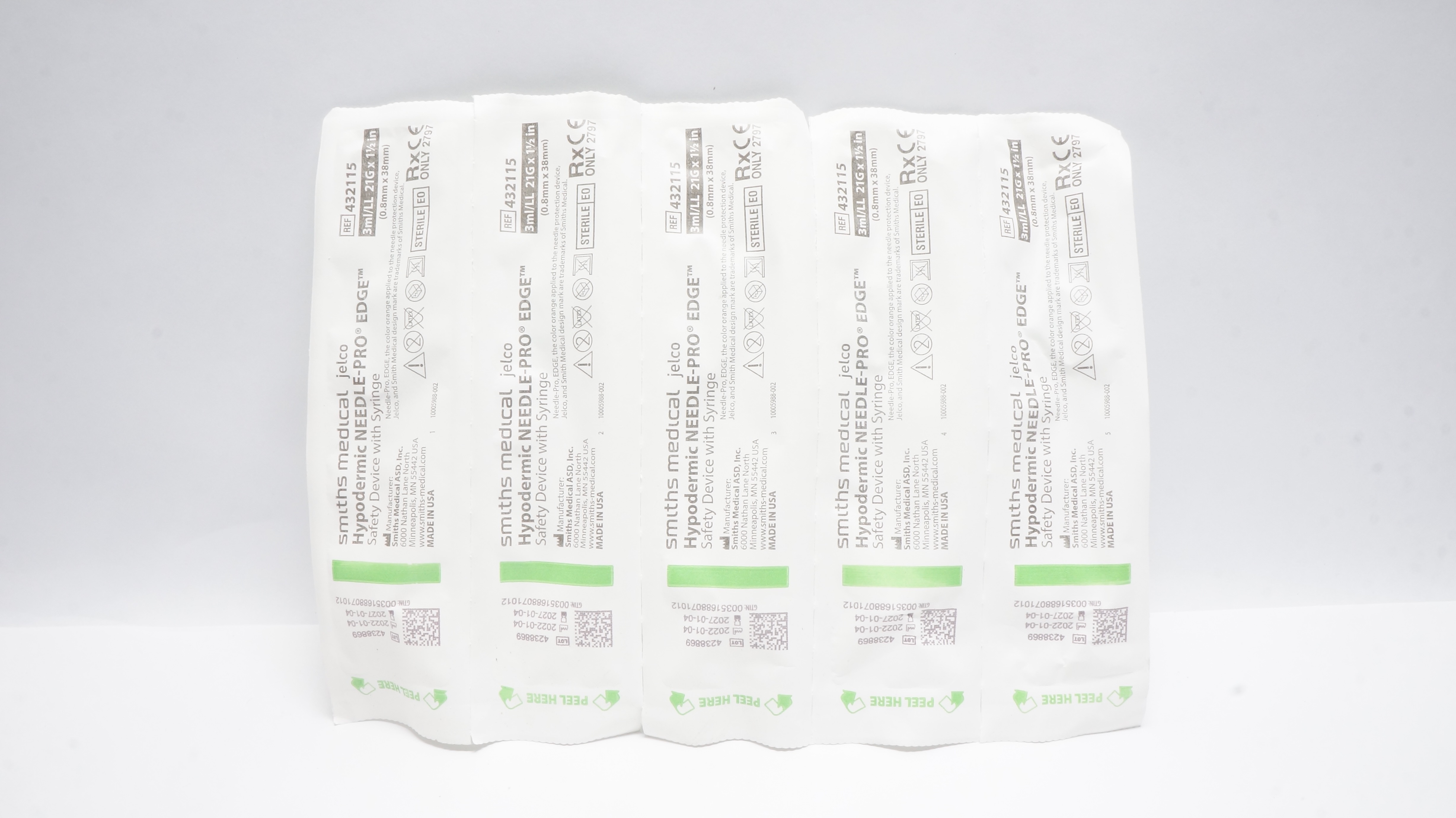Smiths Medical 432115 Jelco Safety Device W/Syringe 3ml,21Gx1 1/2In - Lot of 5
