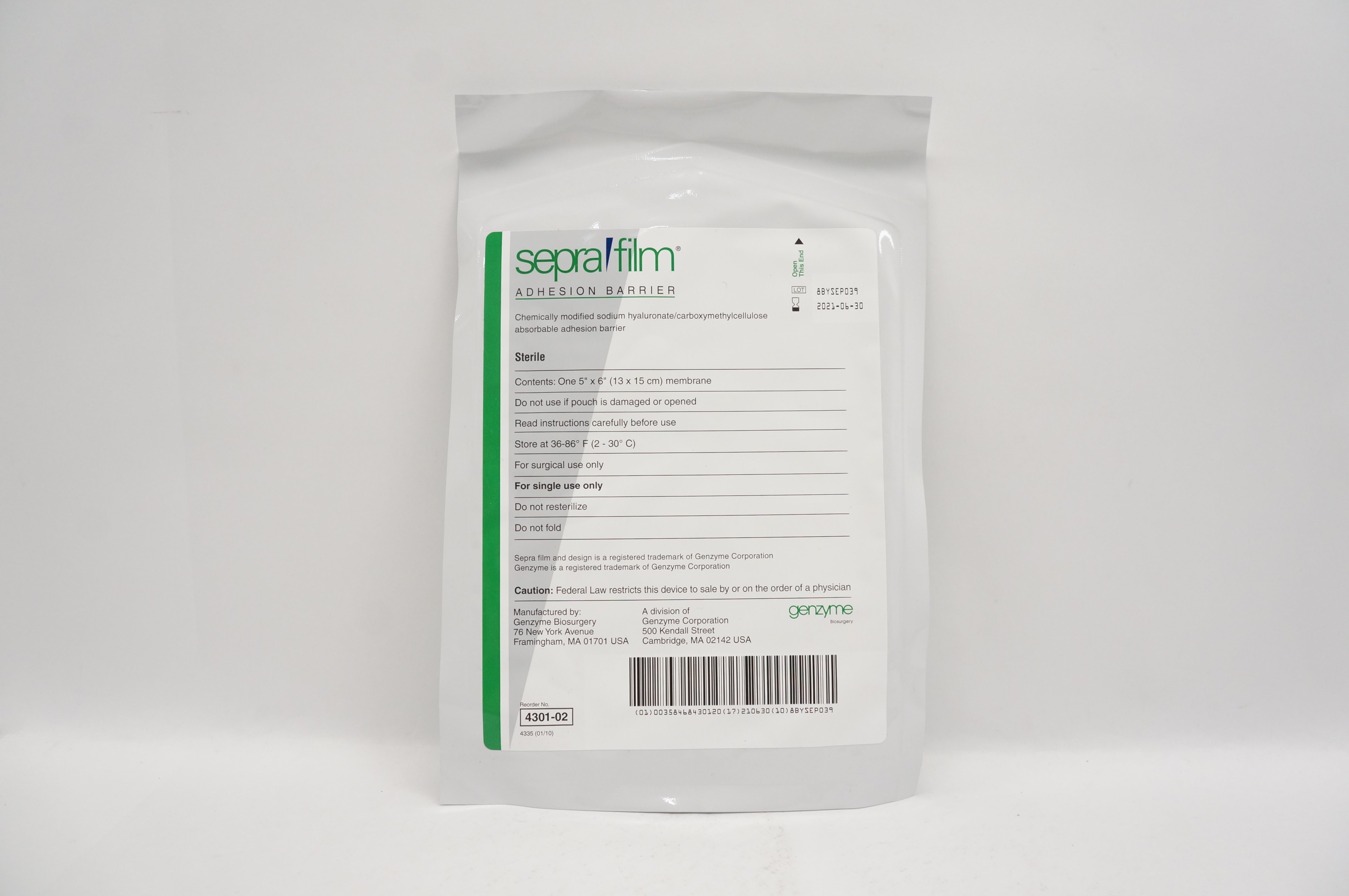 Genzyme 4301-02 Sepra Firm Adhesion Barrier 5inch x 6inch (x)