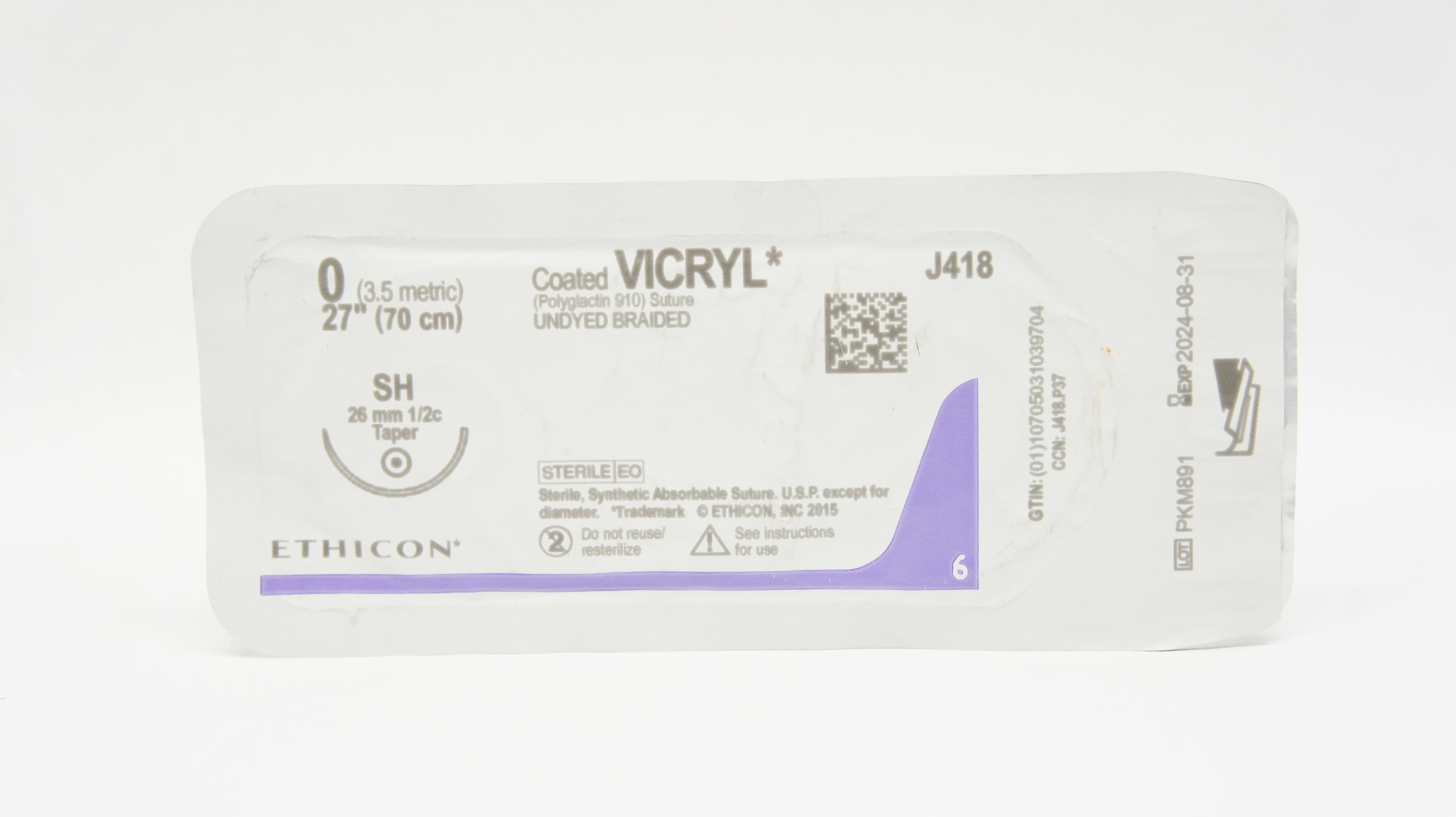 Ethicon J418 0 Coated VICRYL Polyglactin 910 Stre SH 26mm 1/2c Taper 27inch