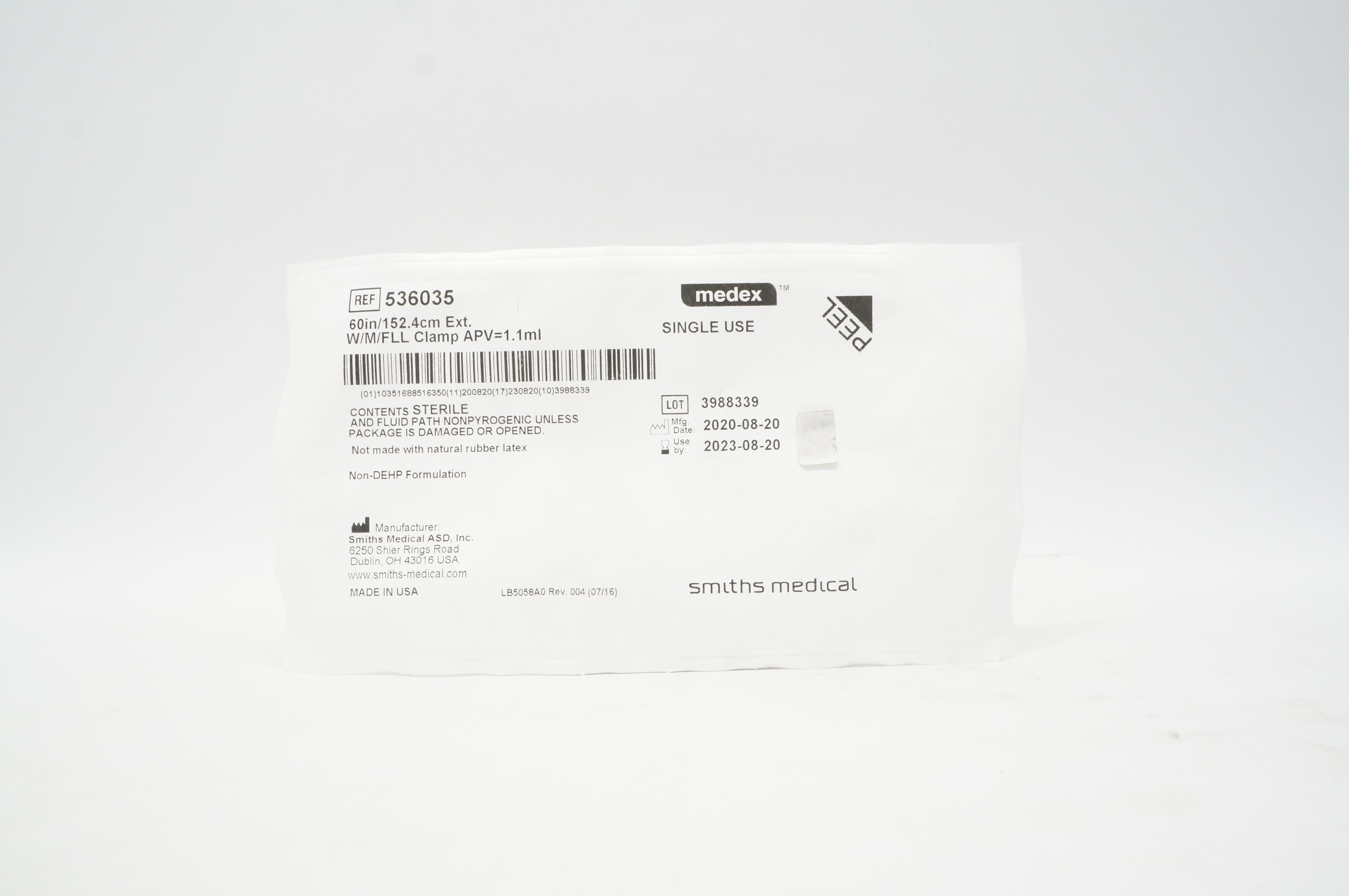 Smith Medical 536035 Medex 60inch/152.4cm Ext. W/M/FLL Clamp APV=1.1ml