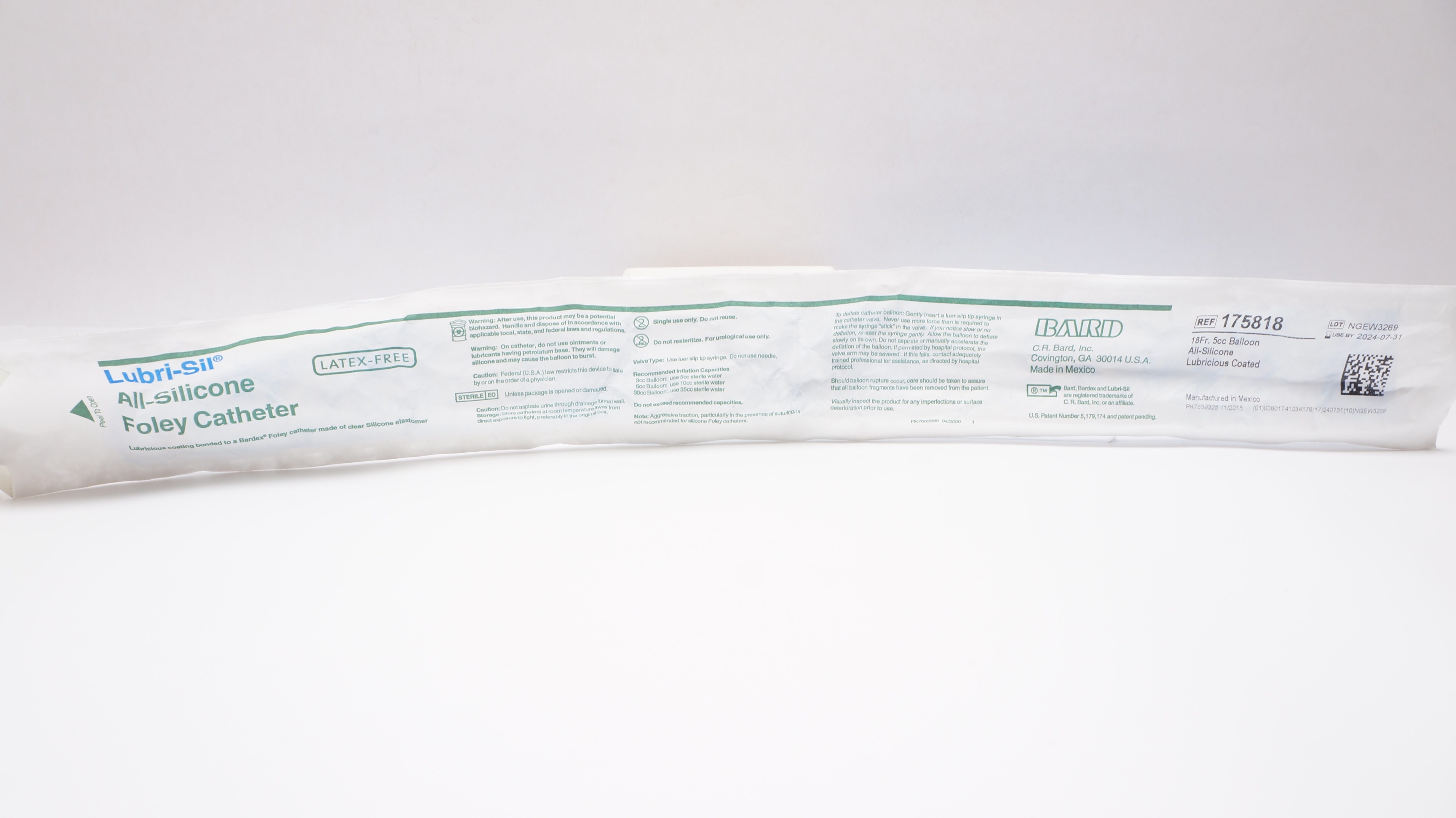 Bard 175818 Lubri-Sil All-Silicone Lubricious Coated Foley Cath. 18Fr 5cc Ballon