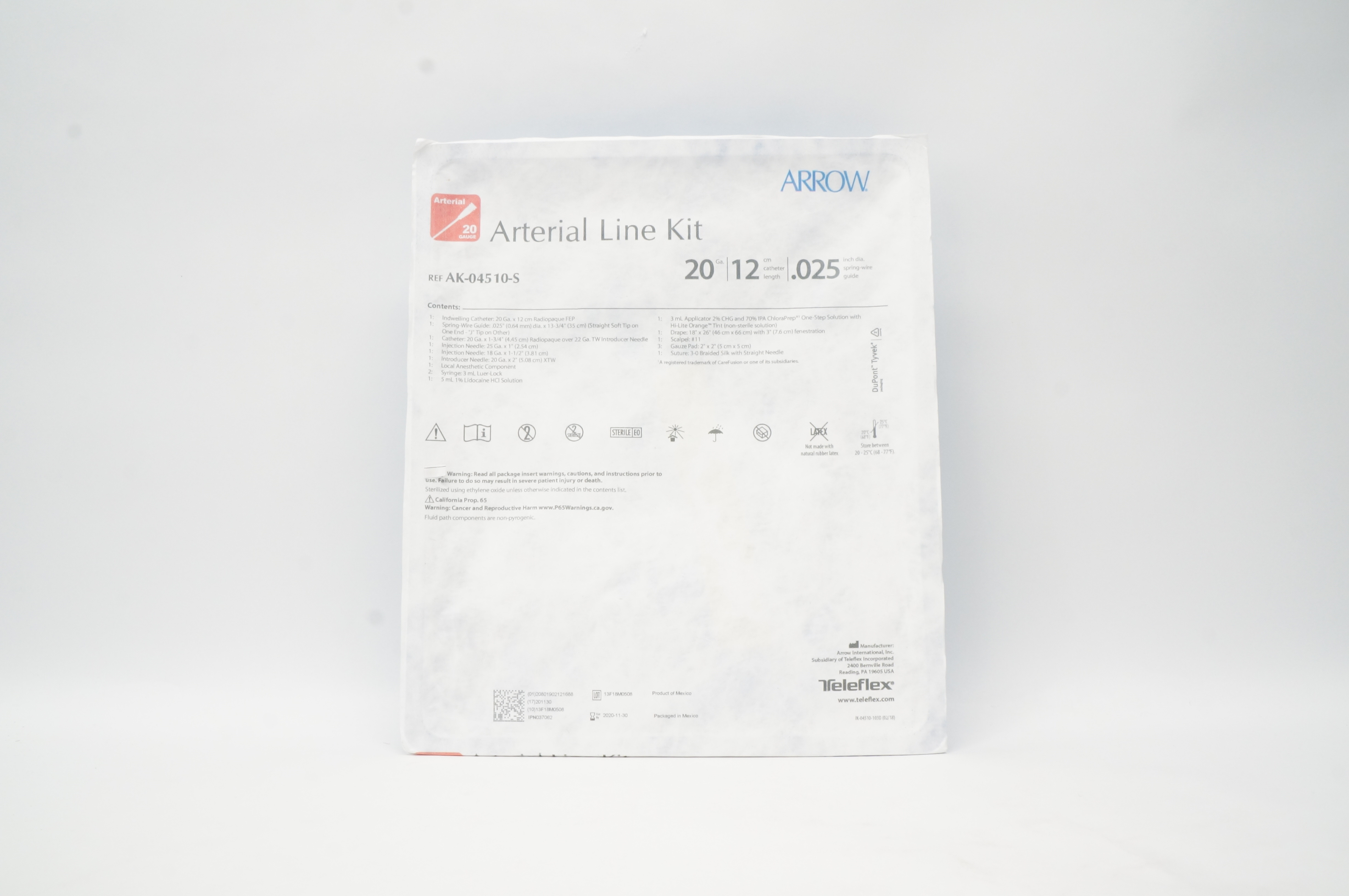 Arrow AK-04510-S Arterial Line Kit 20Ga, 12cm x 0.025inch (x)