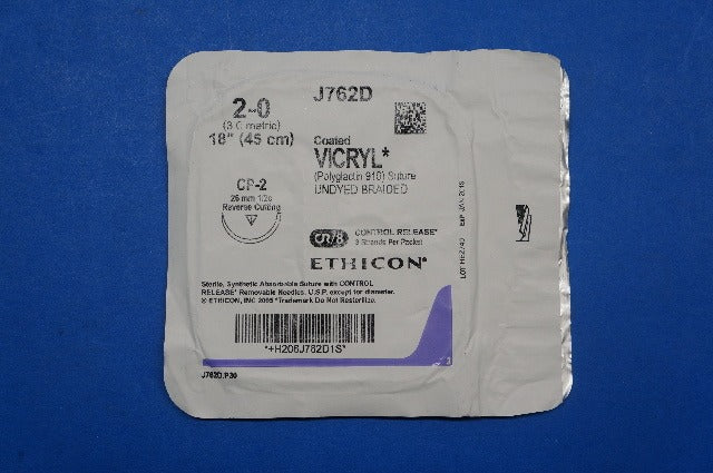 Ethicon J762D 2-0 VICRYL, CP-2 26mm 1/2c Reverse Cutting, Undyed Braided, 18