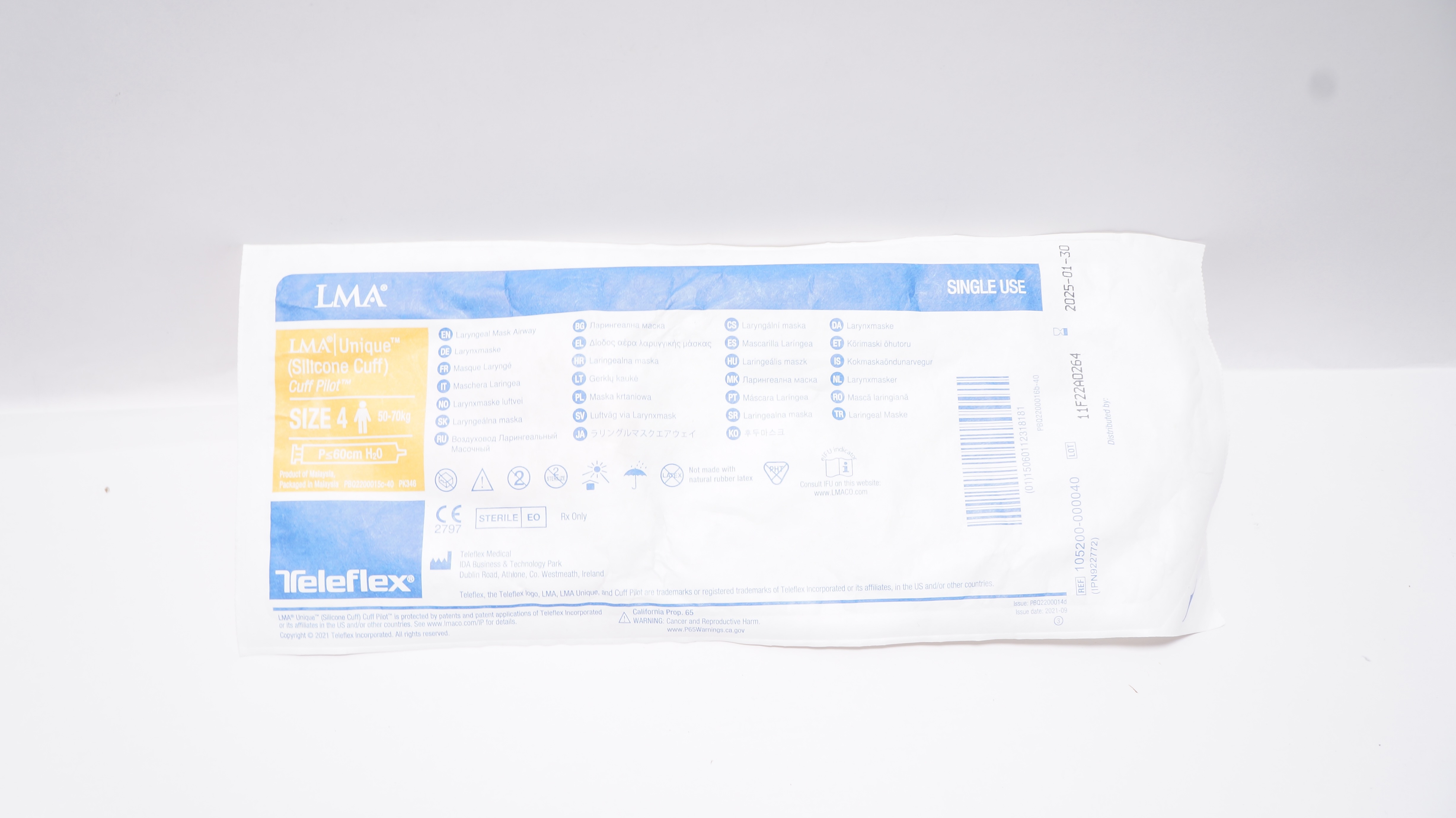 Teleflex 105200-000040 LMA Unique Cuff Pilot Laryngeal MaskAirway Size 4 50-70kg