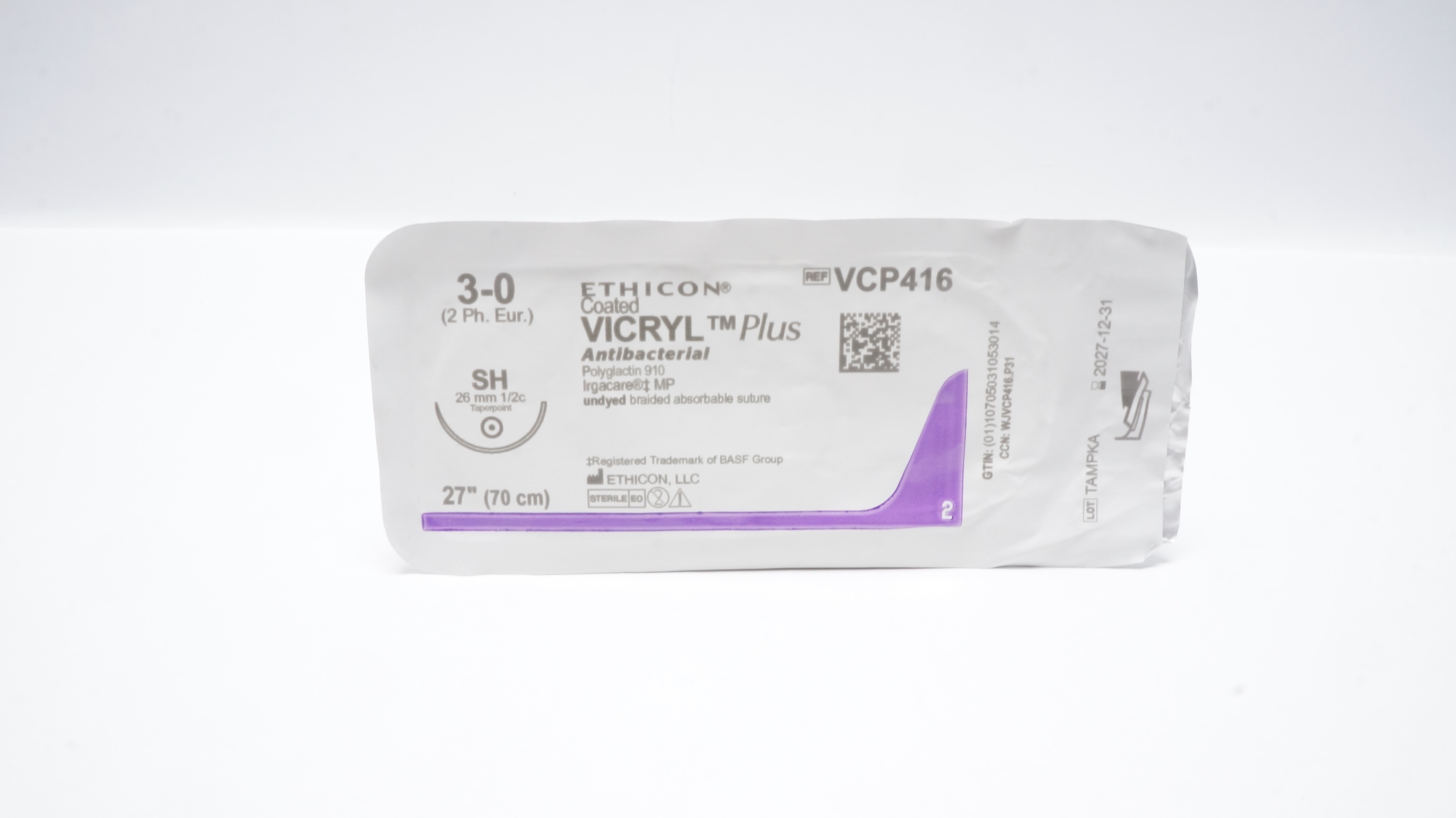 Ethicon VCP416 3-0 Vicryl Plus Antibacterial Stre SH 26mm 1/2c Taperpoint 27inch
