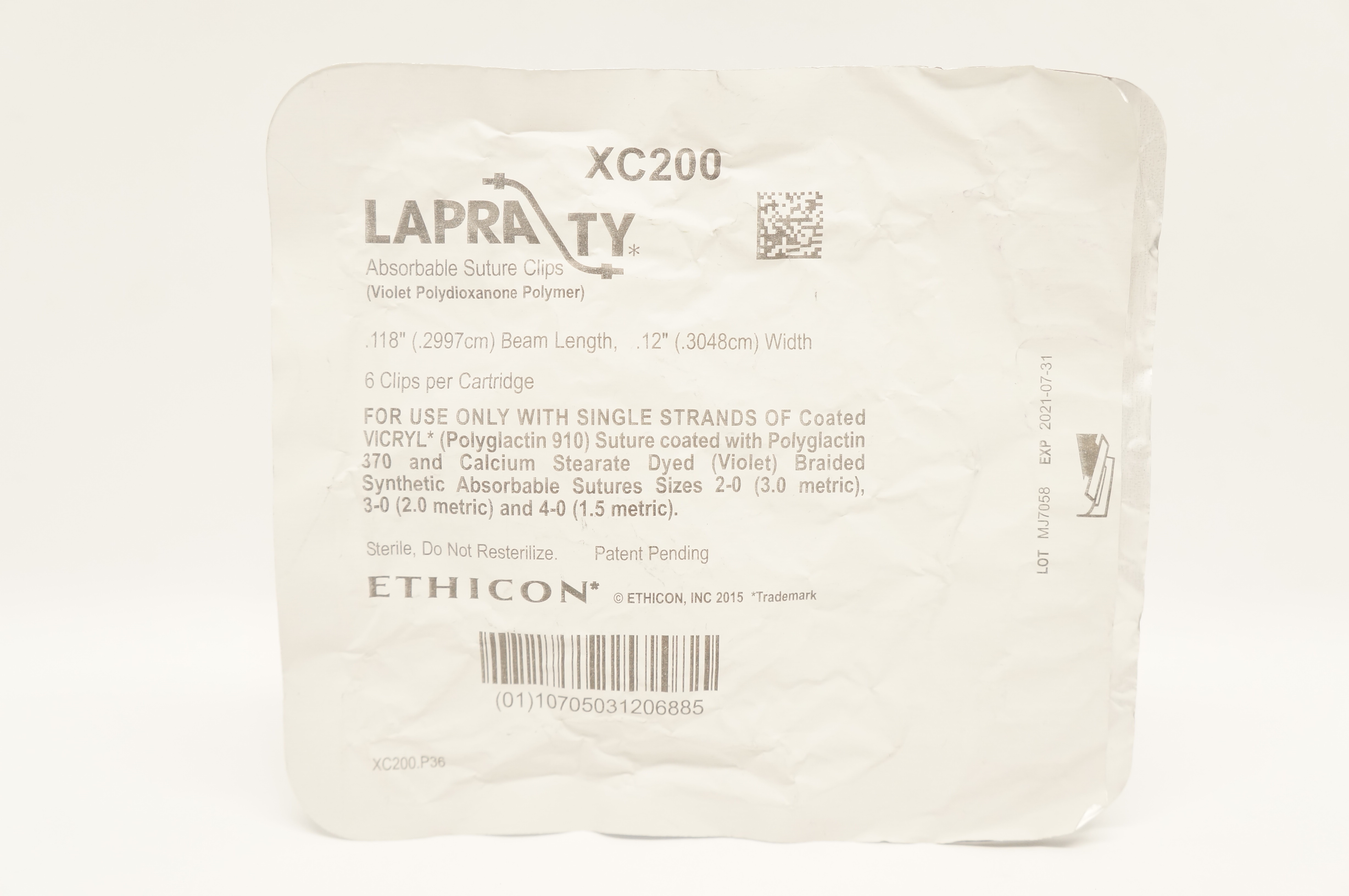 Ethicon XC200 LAPRA TY Absorbable Stre Clips, Beam Length 12inch x 118inch (x)