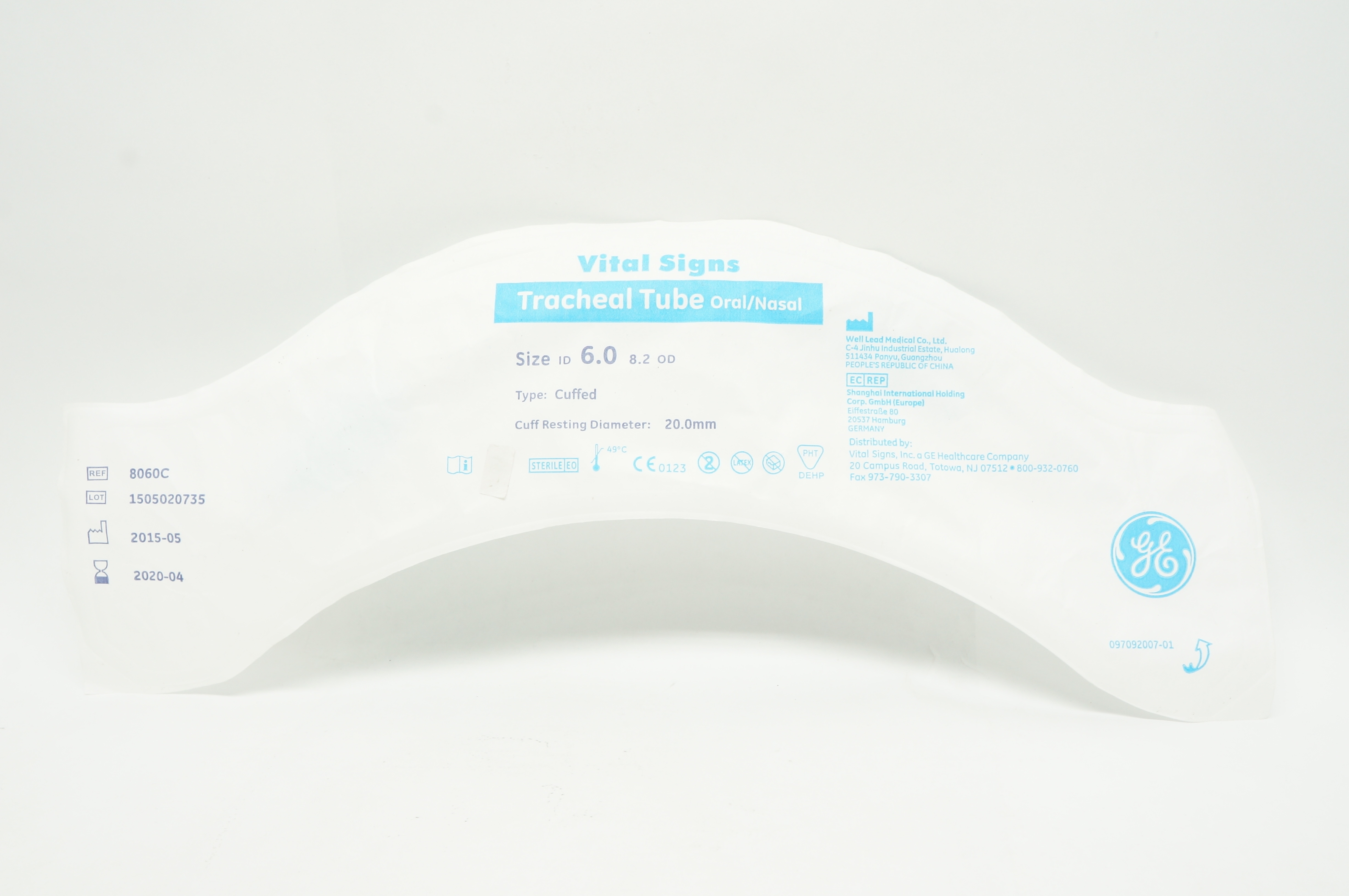 Vital Signs 8060C Well Lead Medical Tracheal Tube Oral/Nasal, Cuffed 6.0 ID