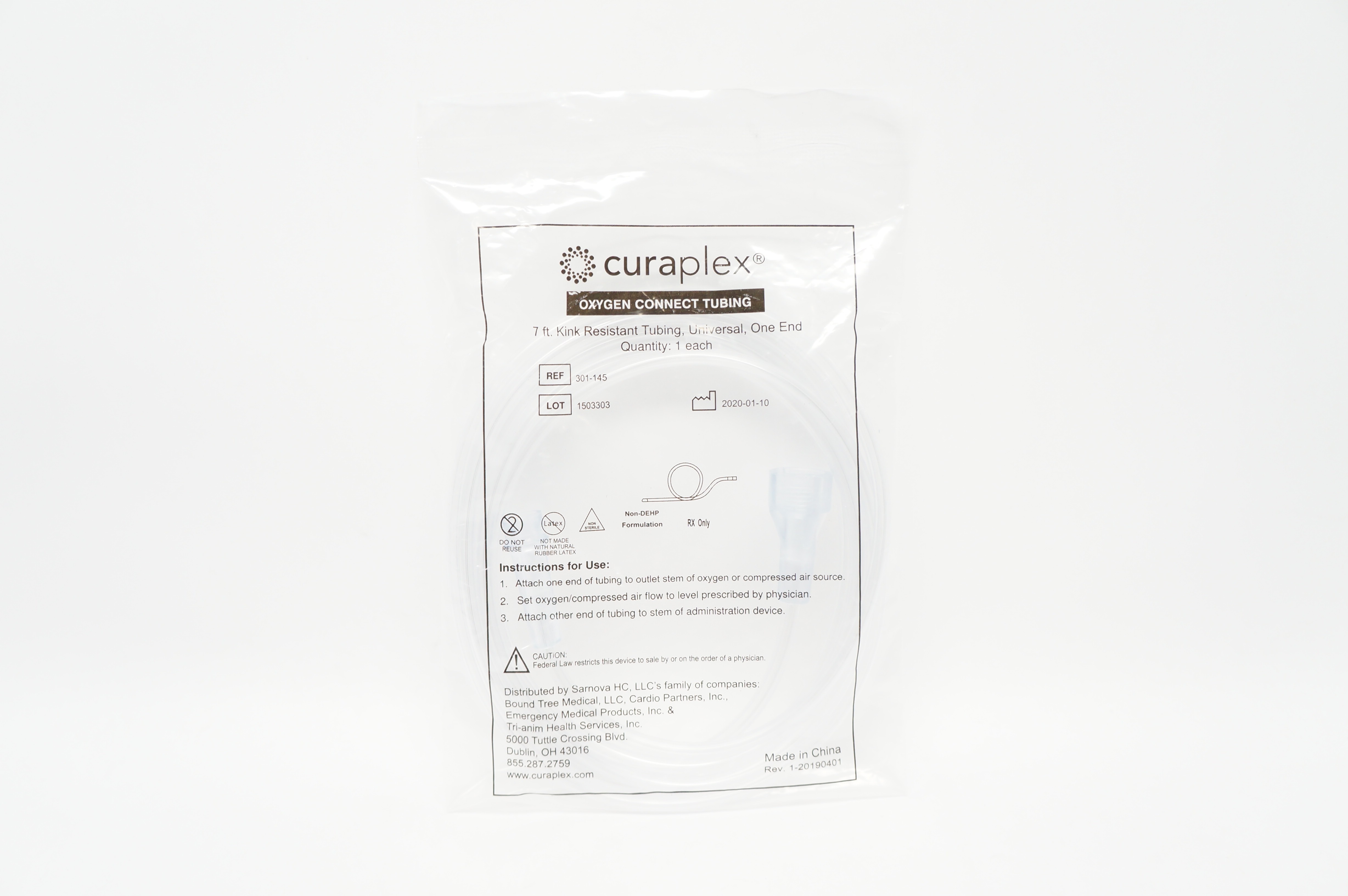 Curaplex 301-145 Oxygen Connect Tubing 7ft. Kink Resistant Universal, One End