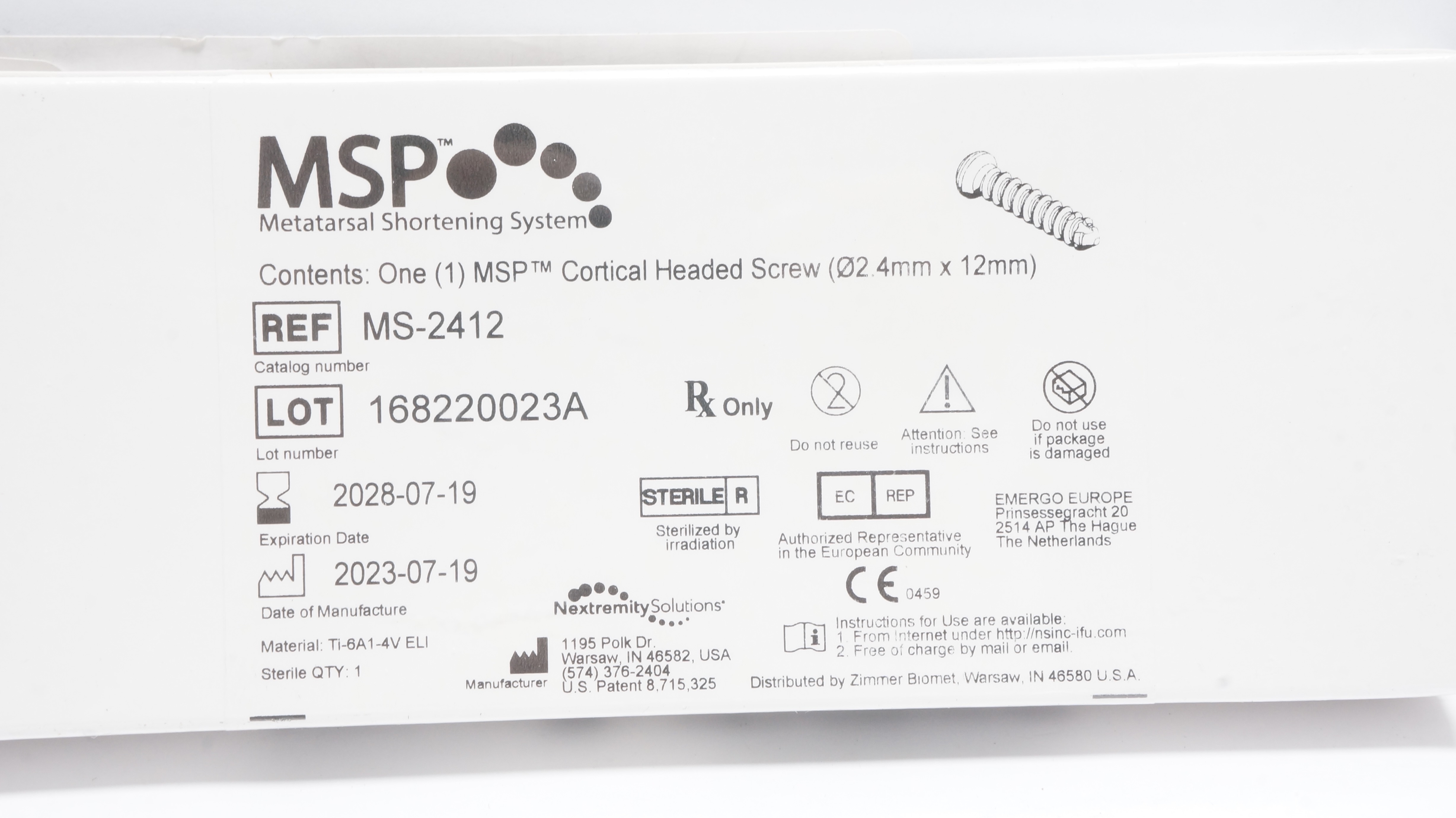 Nextremity Solution MS-2412 MSP One Cortical Headed Screw 2.4mm x 12mm