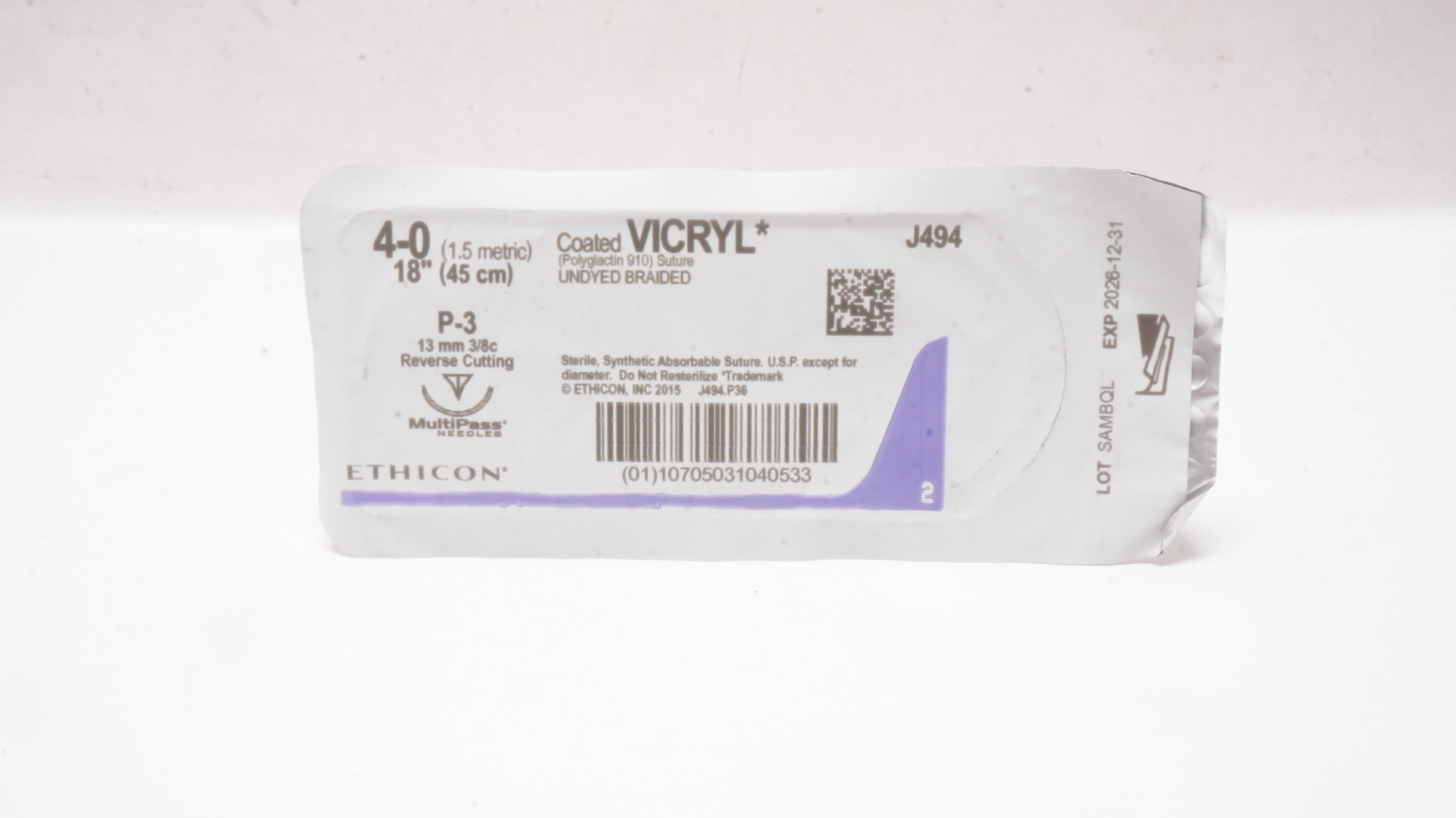 Ethicon J494 4-0 Coated Vicryl Stre P-3 13mm 3/8c Reverse Cutting 18inch