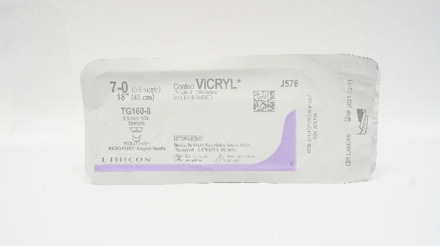 Ethicon J576 7-0 Coated VICRYL TG160-8 5.5mm 1/2c Spatula 18inch (x)